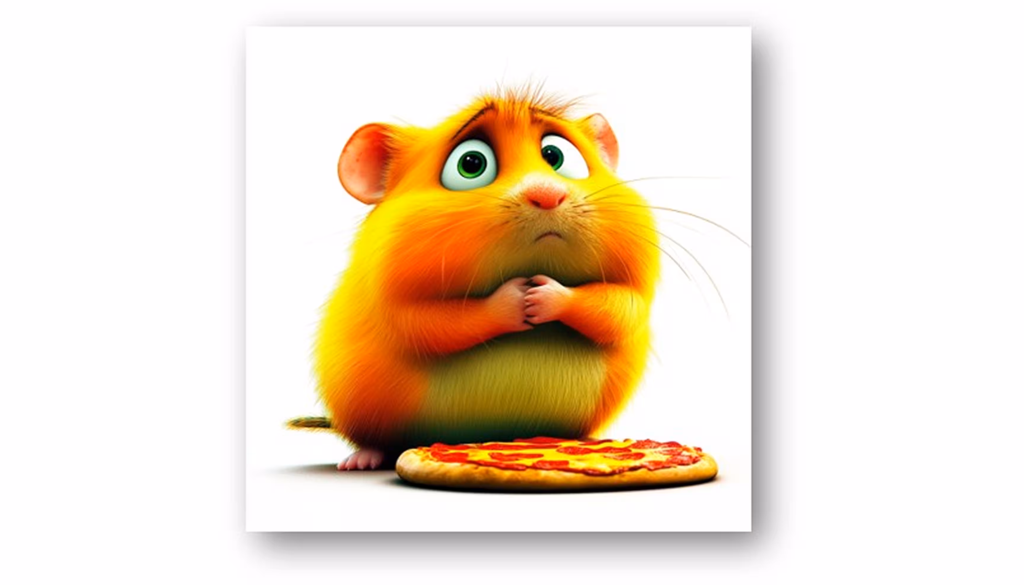 "A blond hamster looking sad next to a pizza."