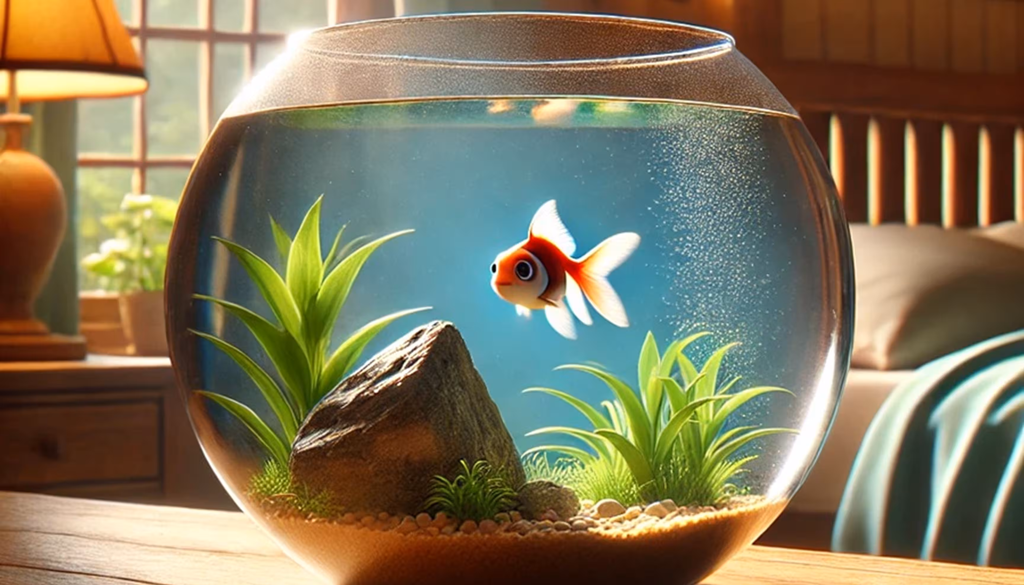 "A small aquarium with a rock and green plants standing on a table next to a bedroom window."