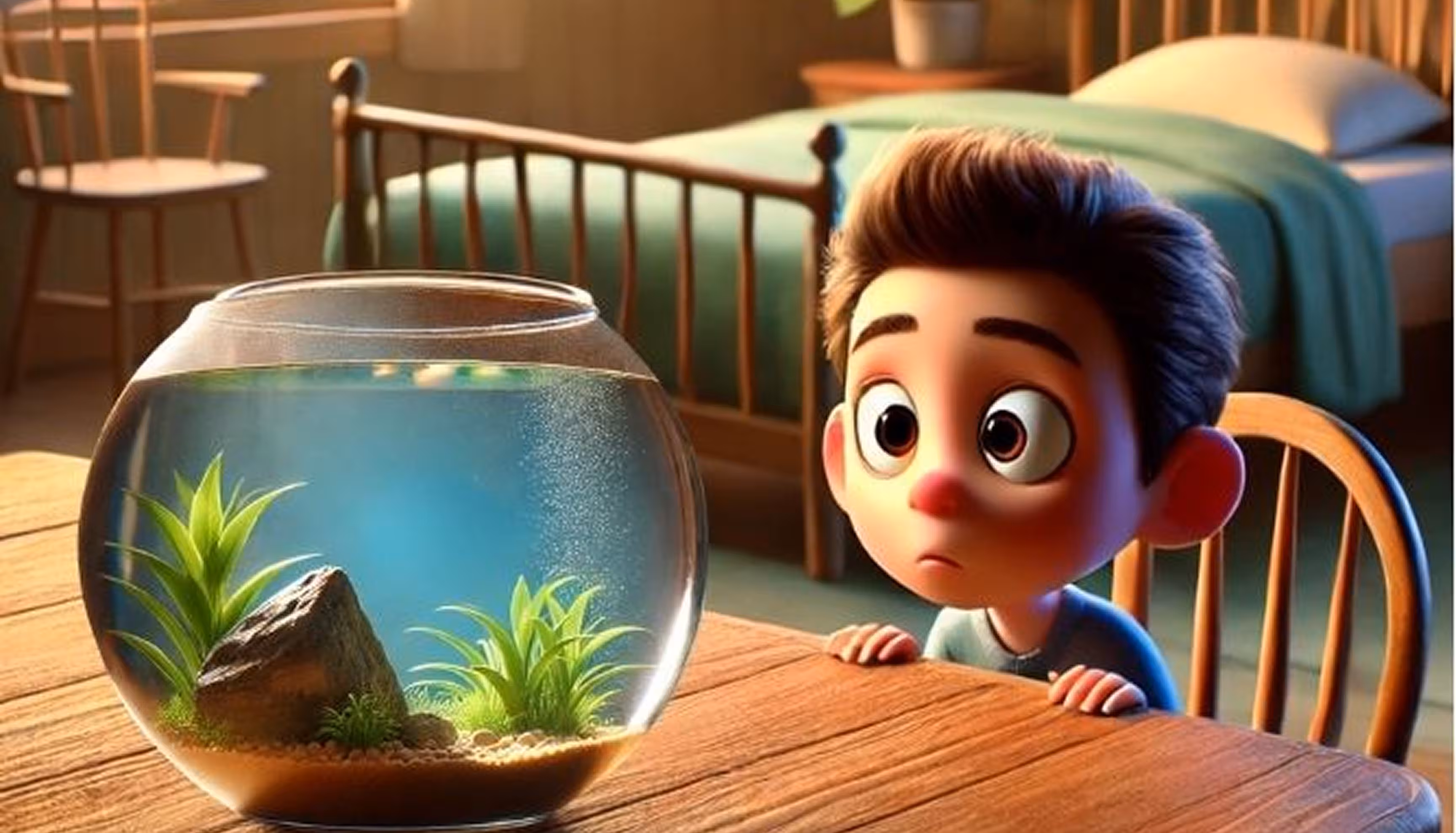 "A little boy sitting at a wooden table, looking at his fish in his fish bowl."