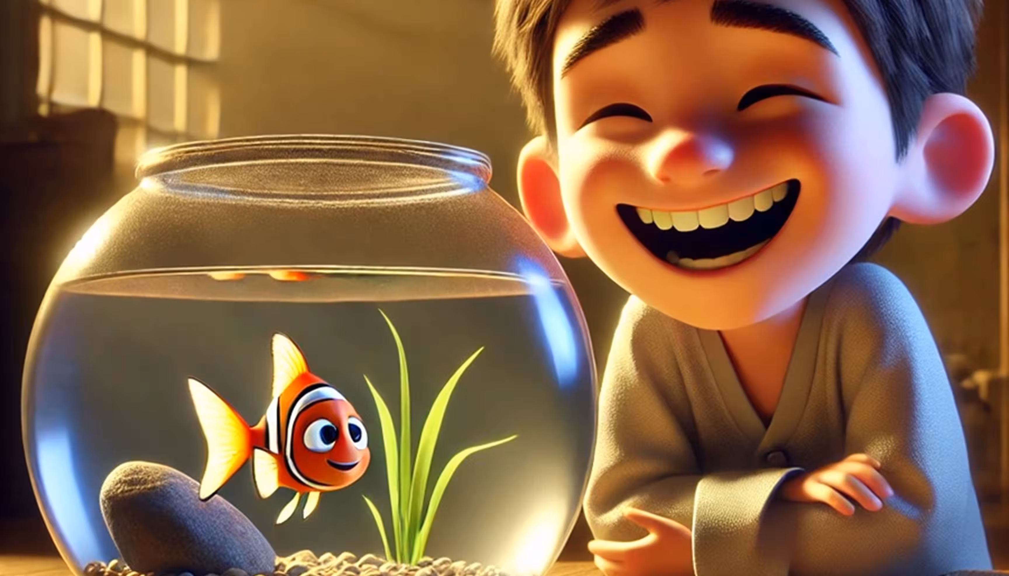 "The little fish hiding behind the rock in the aquarium while the happy boy finds him."