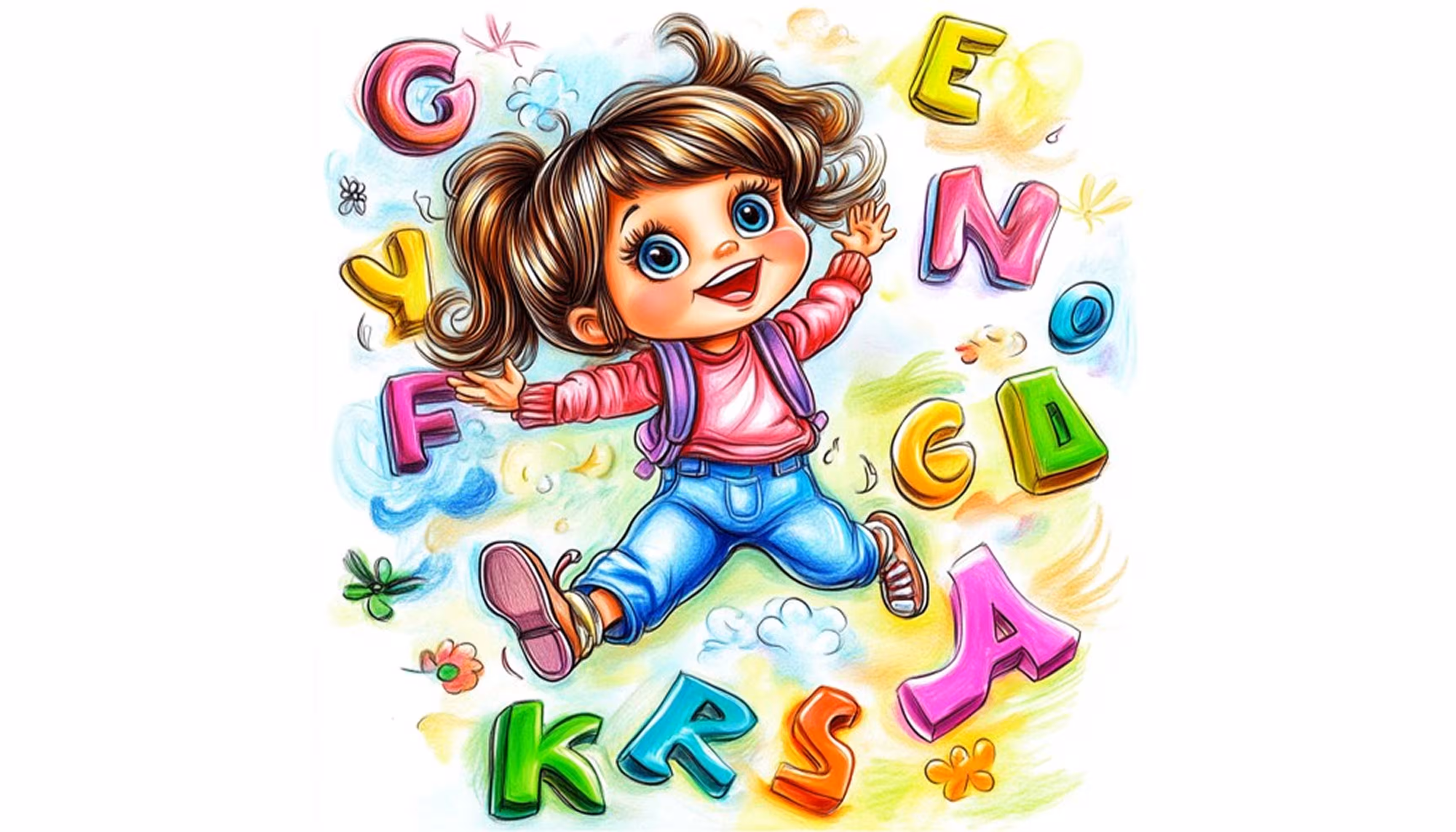 "A happy little girl with colorful letters from the alphabet around her."