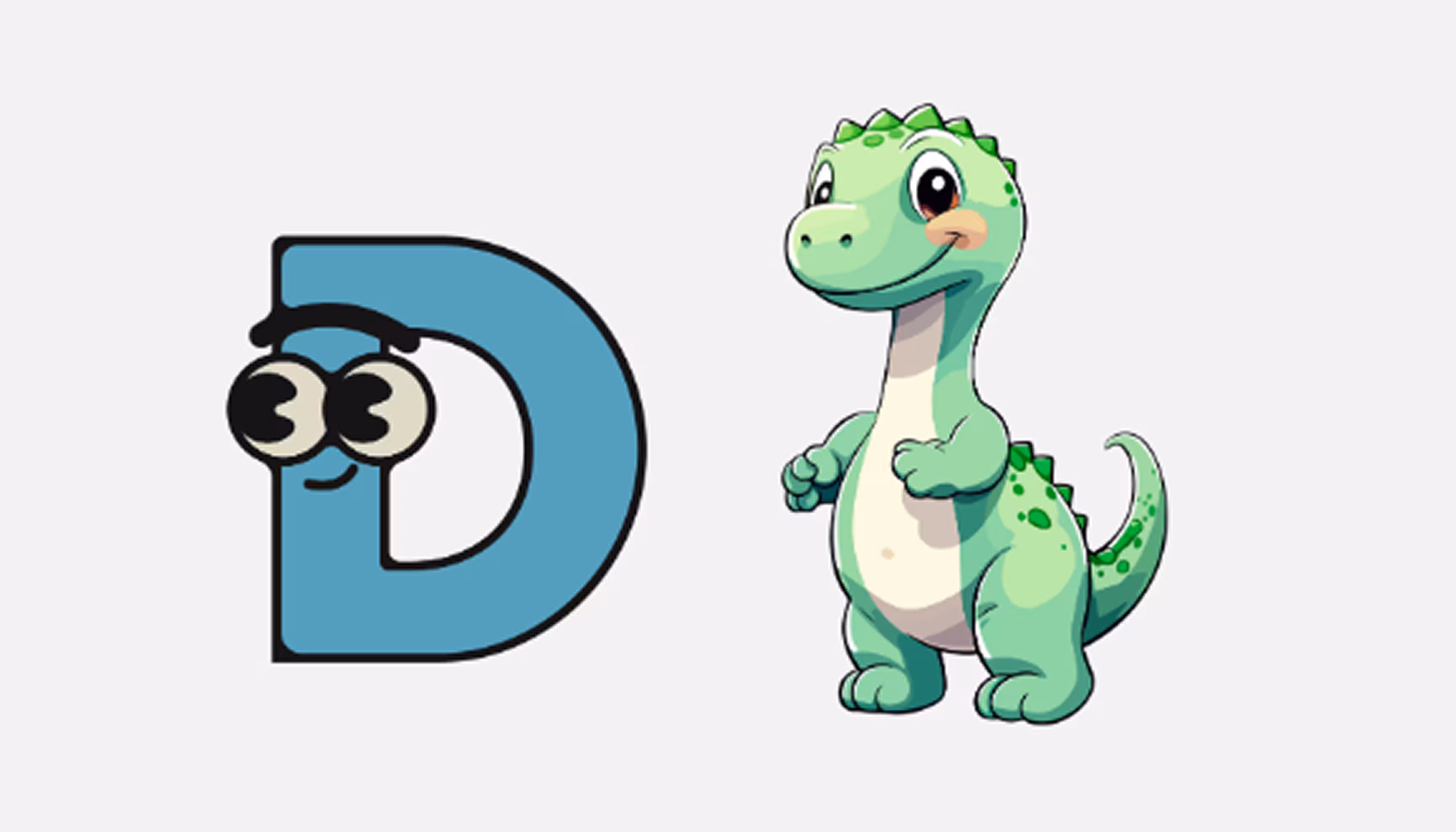 "Pictures of the letter D and of a dinosaur."