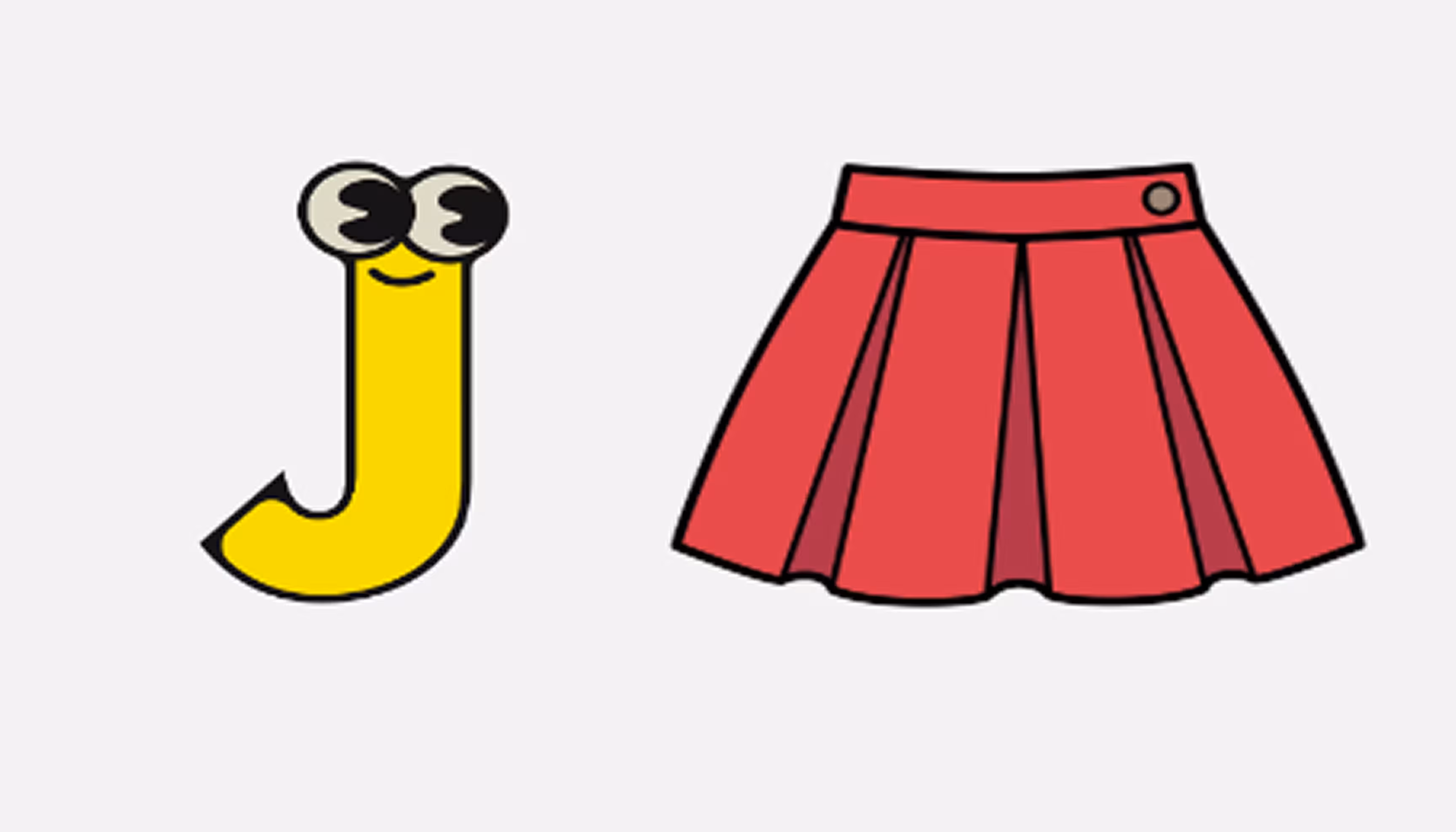 "Pictures of the letter J and of a skirt."