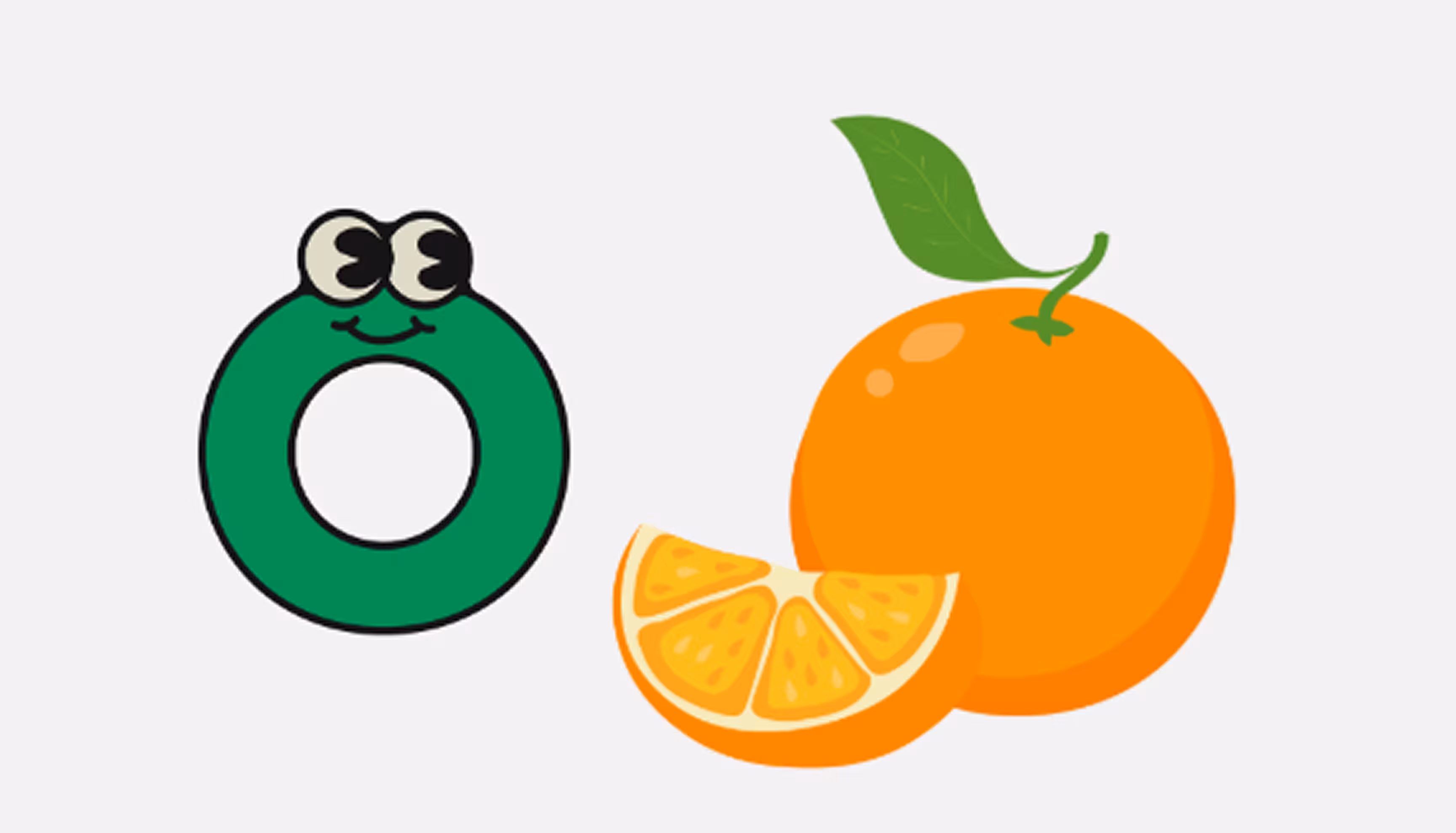 "Pictures of the letter O and of an orange."