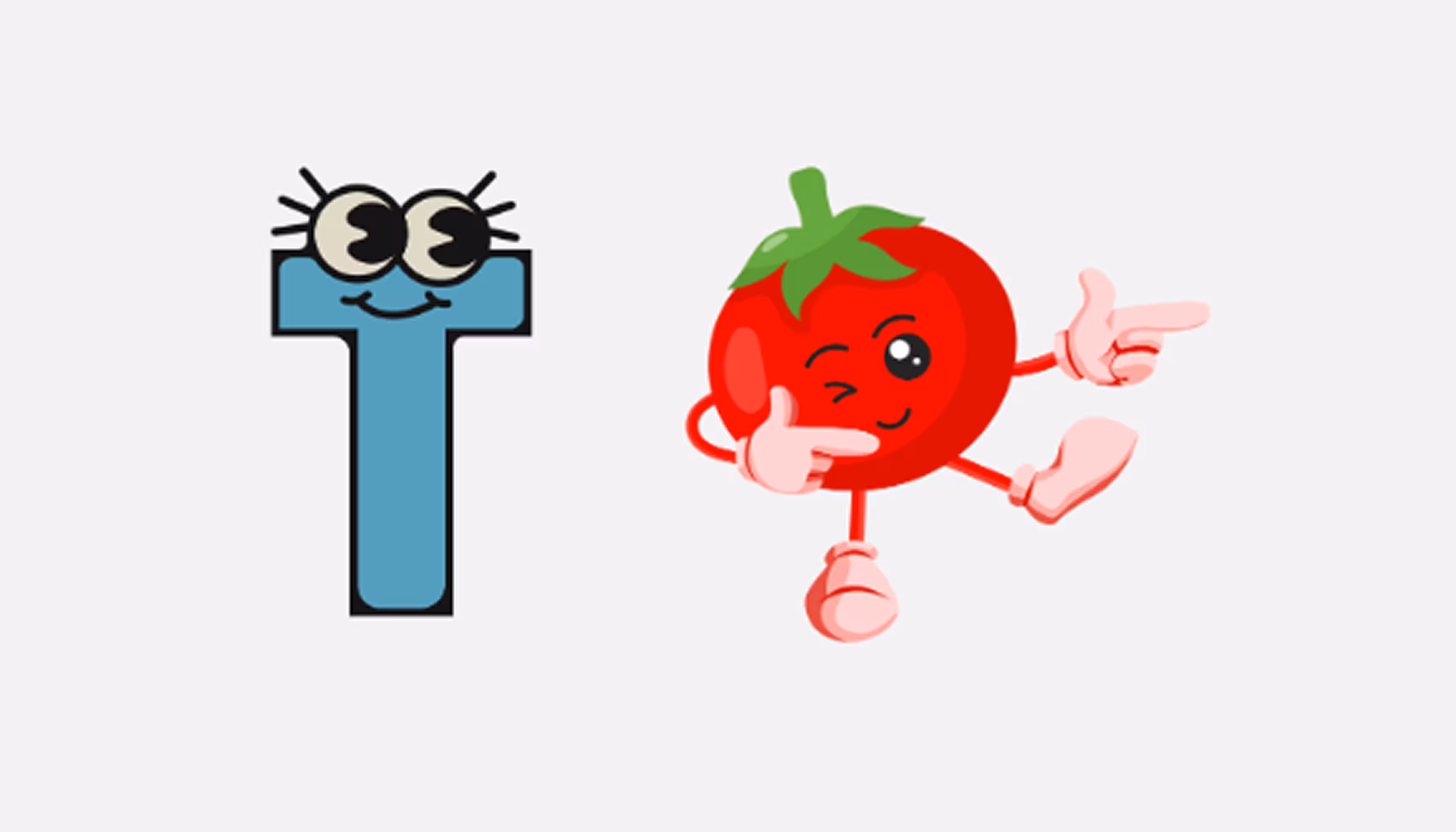 "Pictures of the letter T and of a tomato."