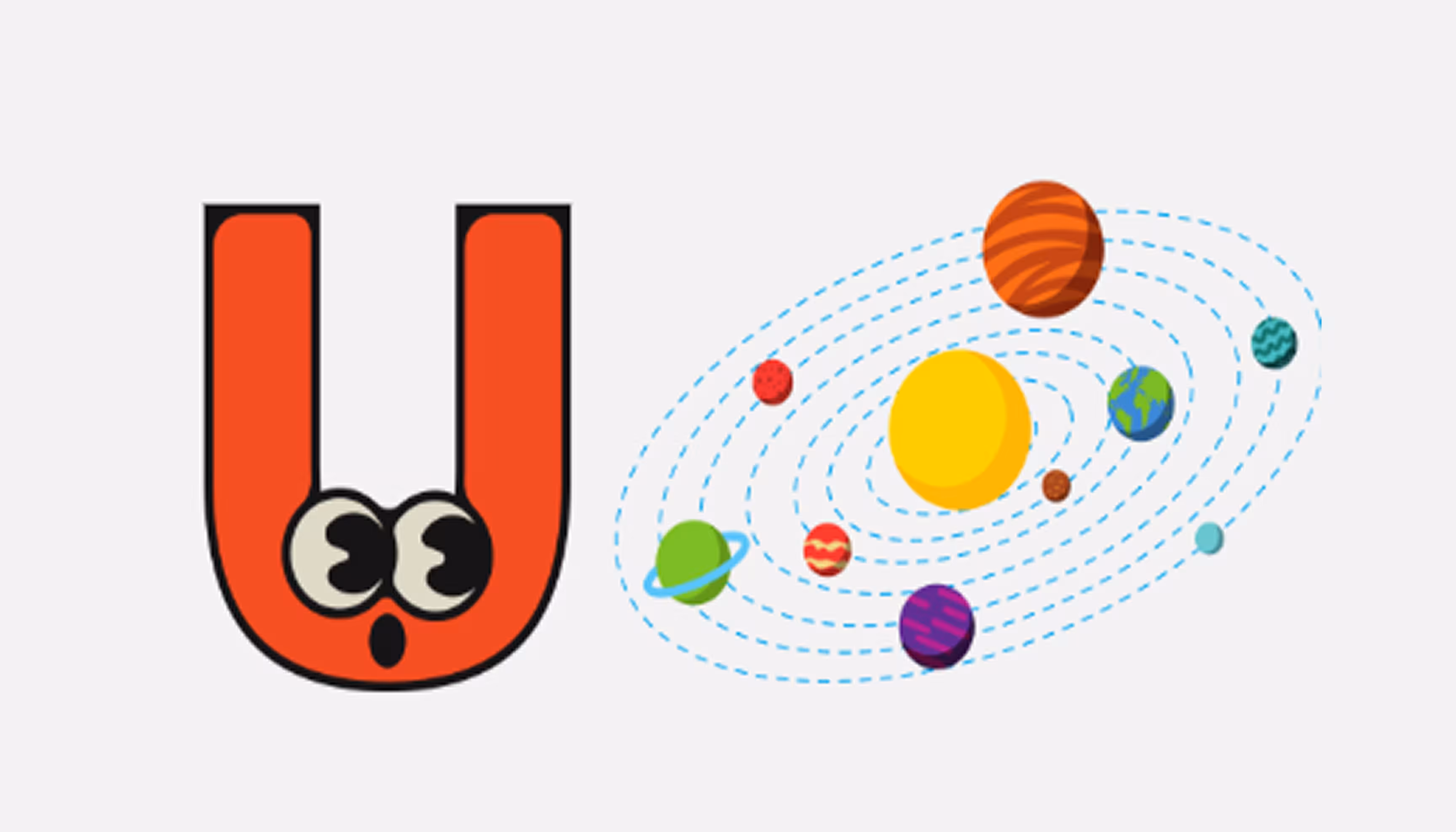"Pictures of the letter U and of a solar system."