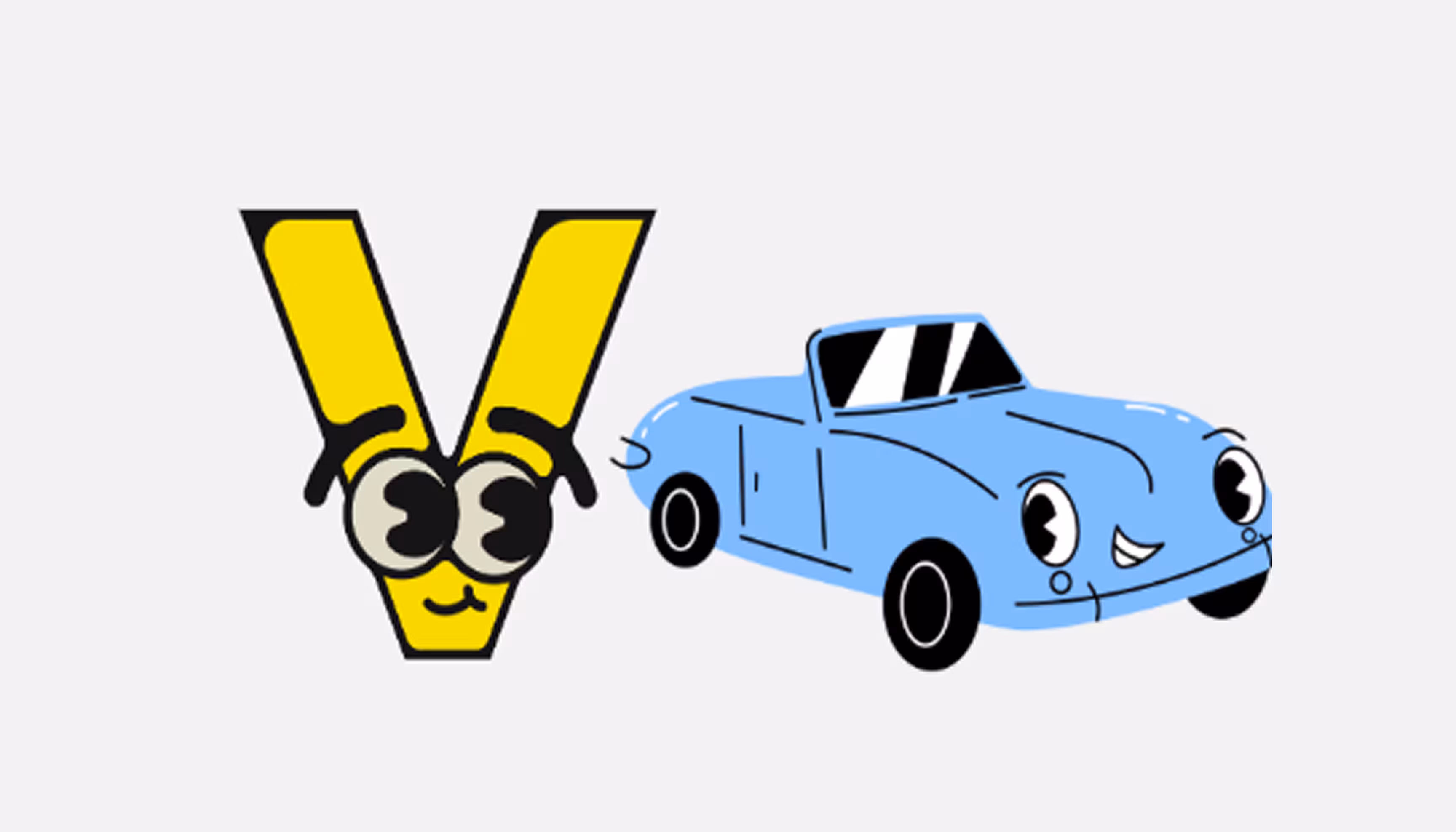  "Pictures of the letter V and of a car."
