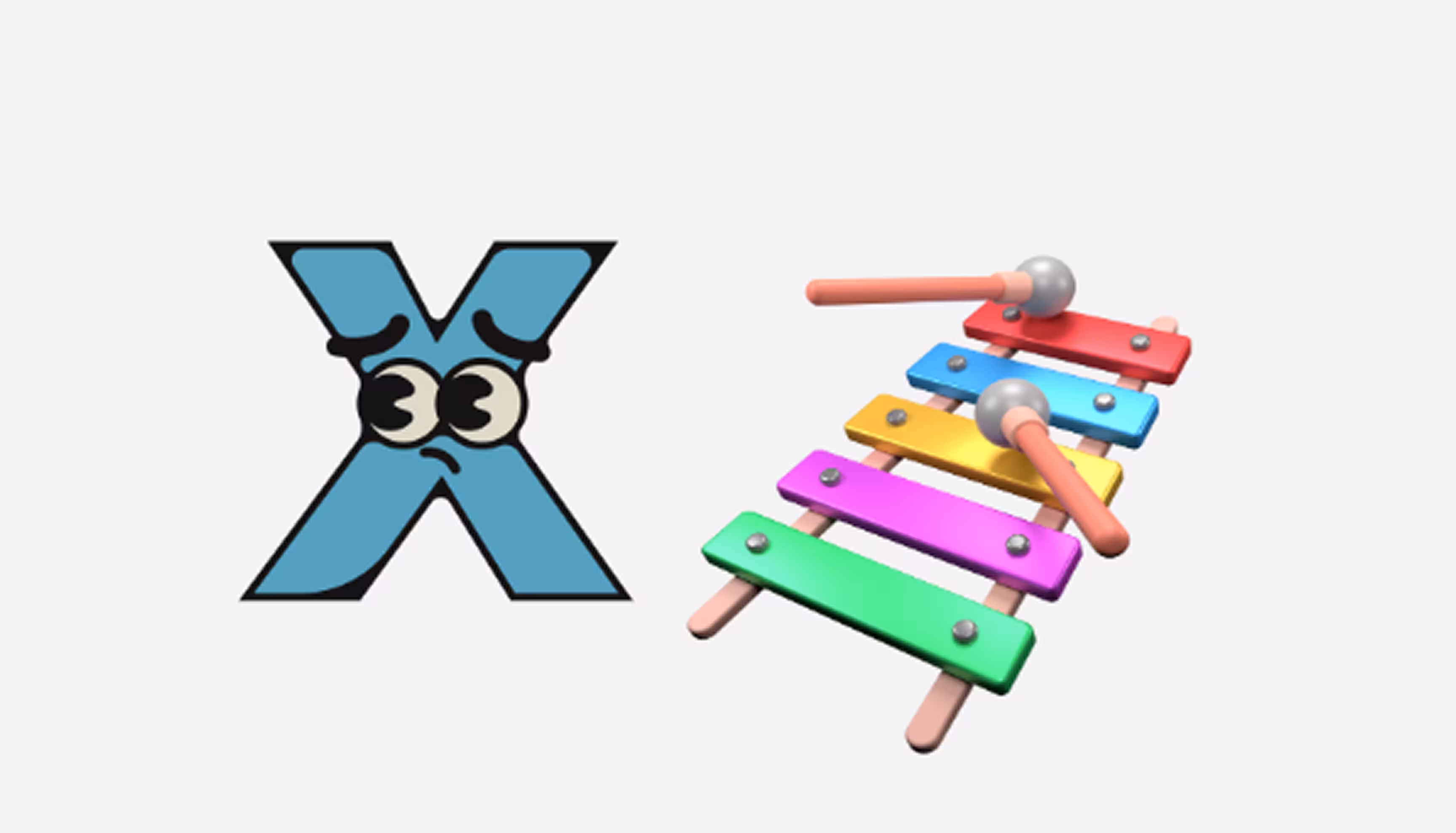 "Pictures of the letter X and of a xylophone."