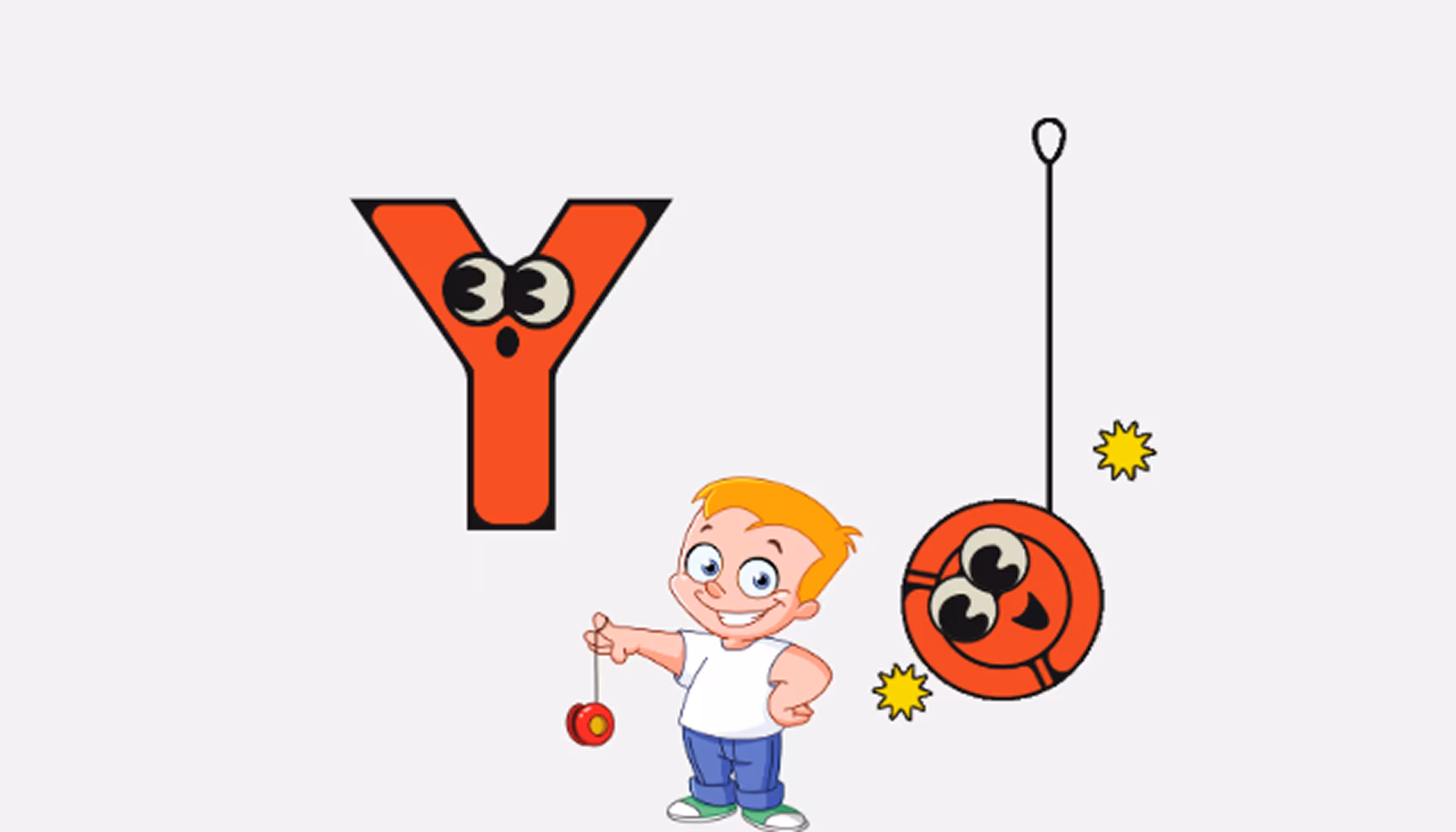 "Pictures of the letter Y, of a yo-yo toy, and of a little kid playing with a yo-yo toy."
