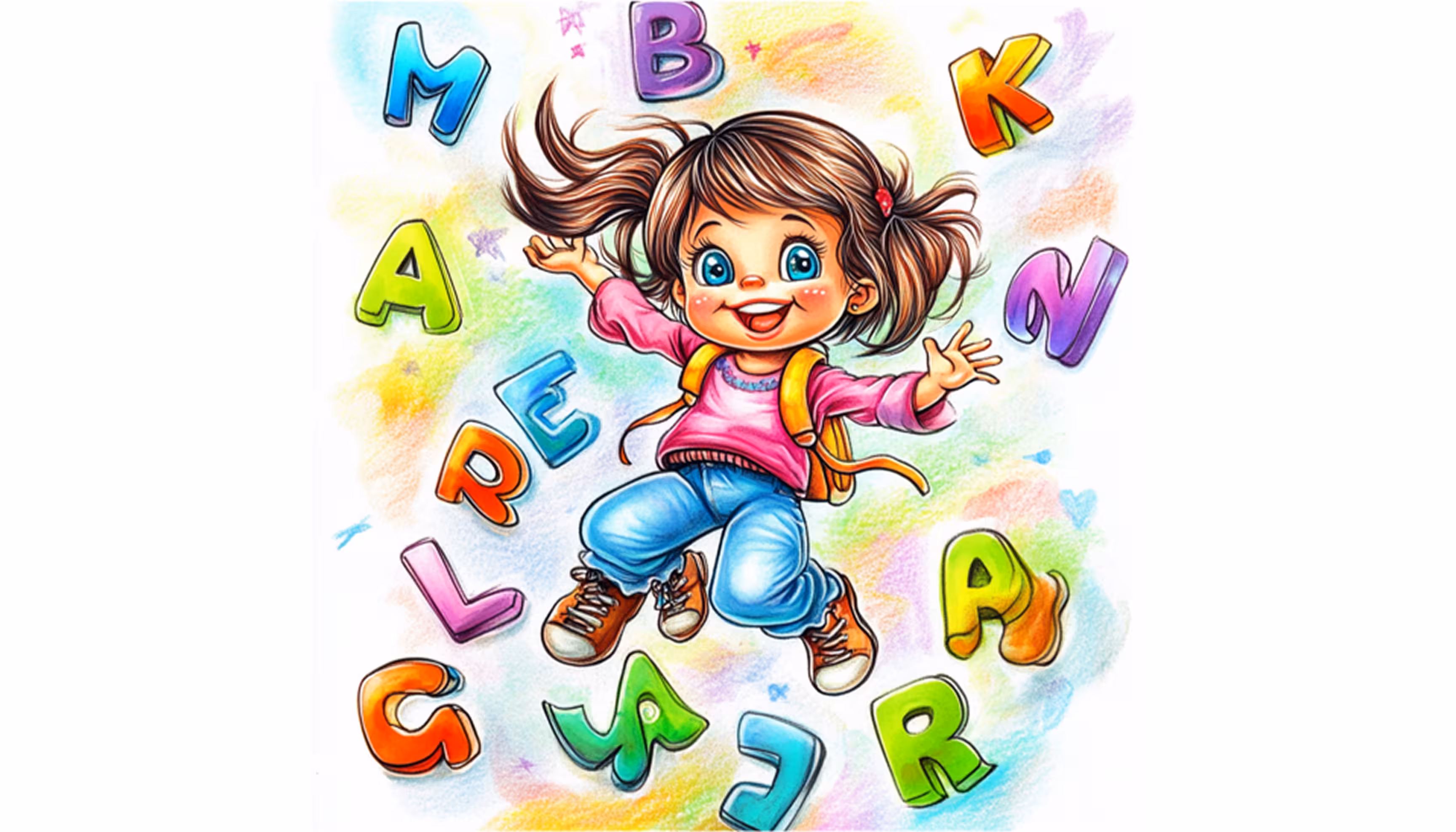"Picture of a little girl in colorful clothes. She is surrounded by various letters from the alphabet."