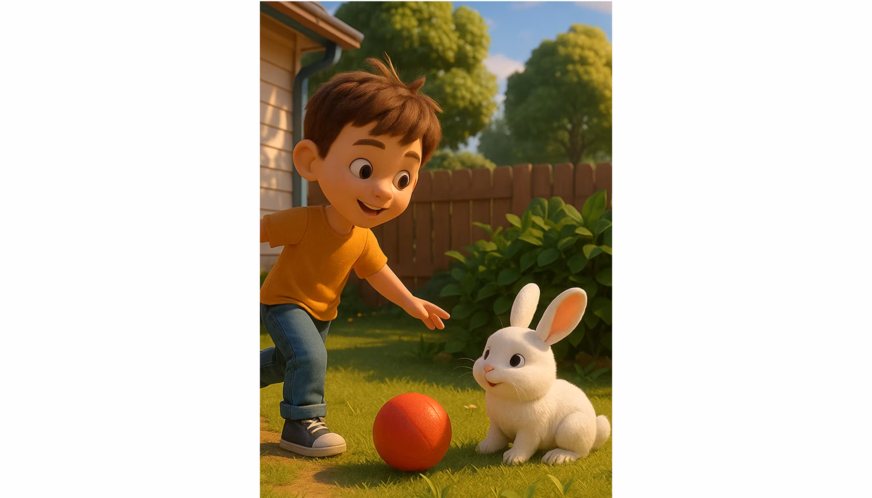 "A boy playing in the garden with his white rabbit and a ball that falls into a bush."