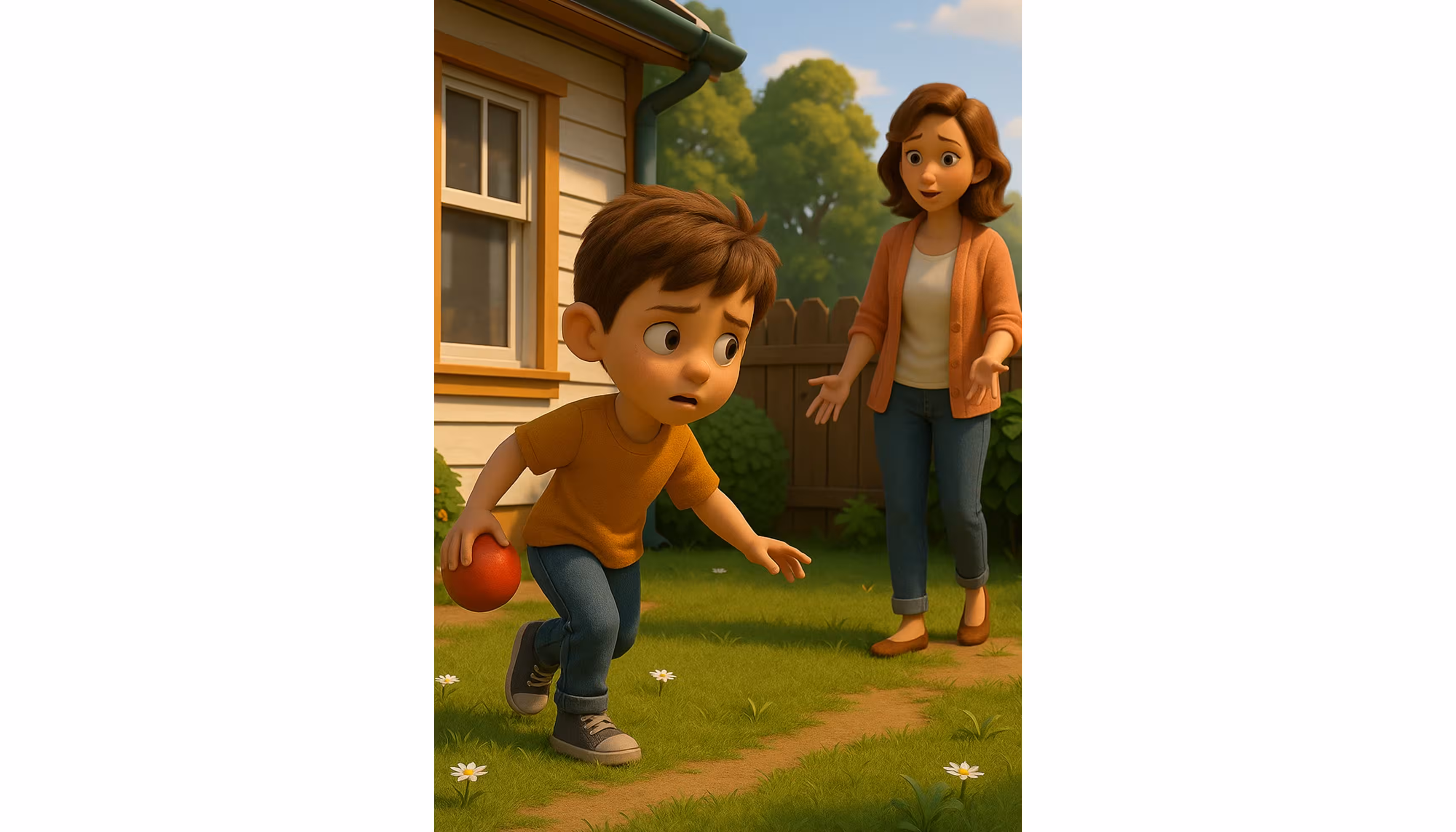 "A worried boy calling for his missing white rabbit and asking his mom for help."