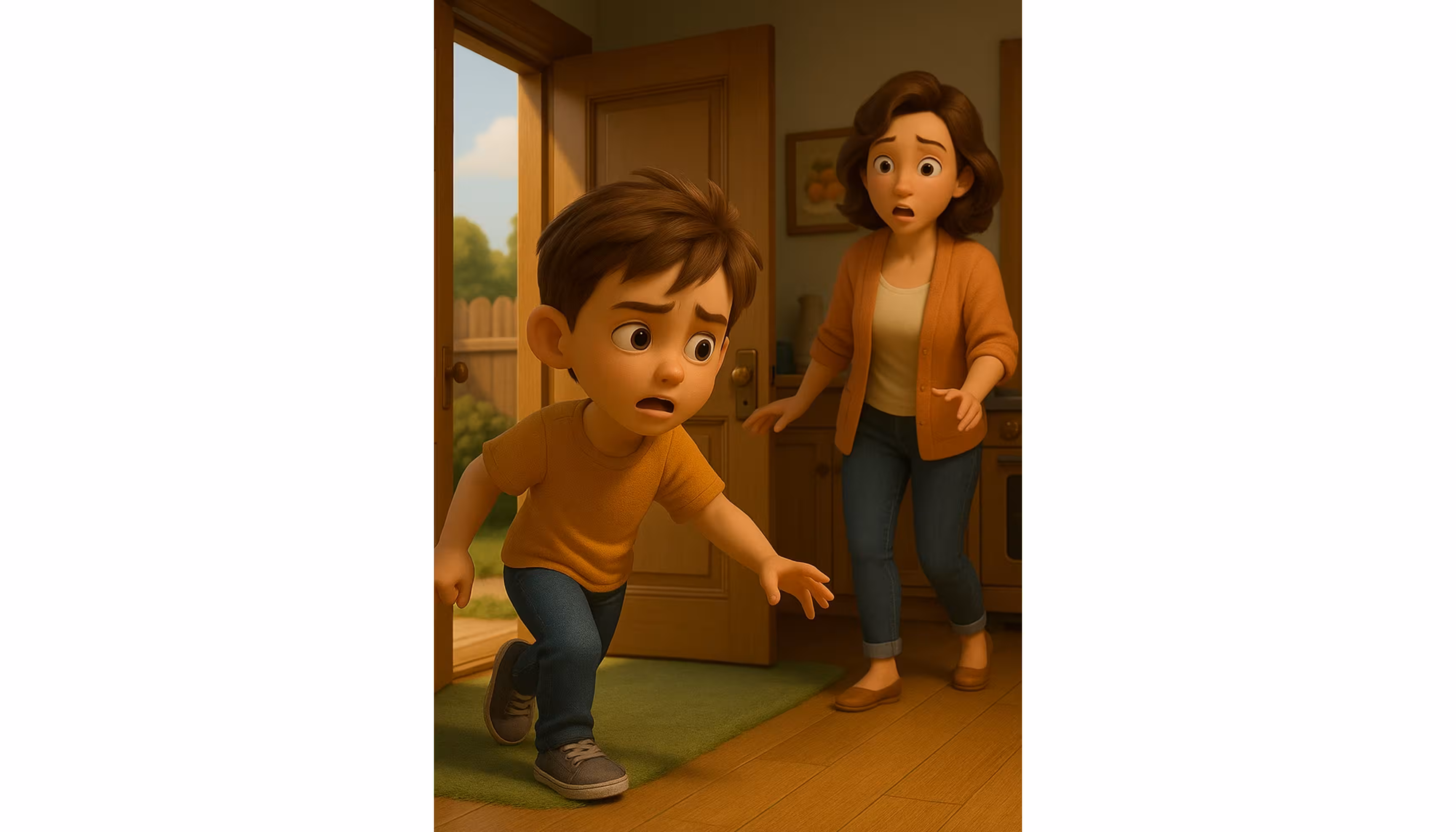"A boy and his mom searching the house for the rabbit, under the bed and behind the door."