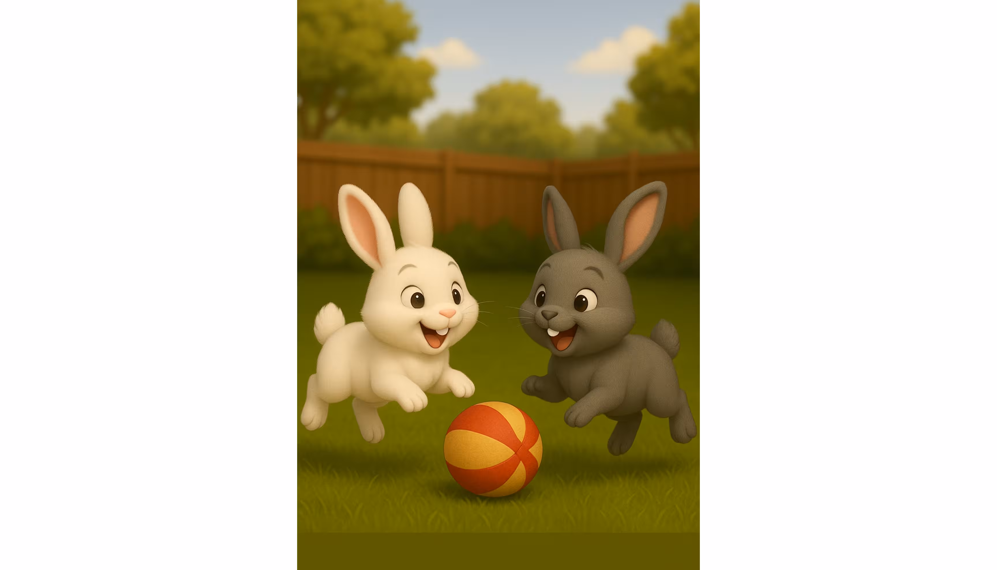 "A boy finding his white rabbit in the garden playing with a grey rabbit and a ball."