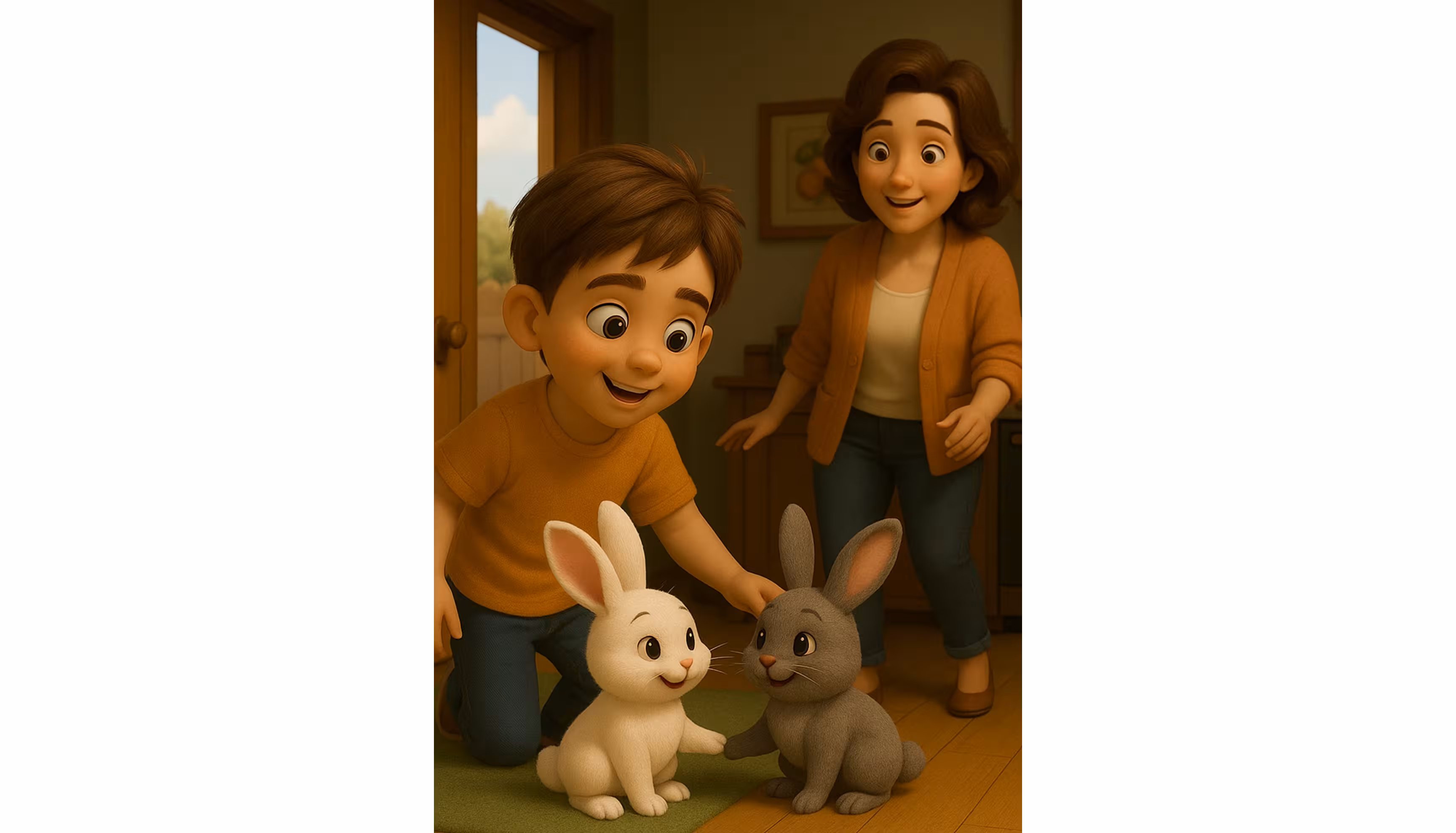 "A happy boy with his white rabbit and the grey rabbit playing together in the garden."