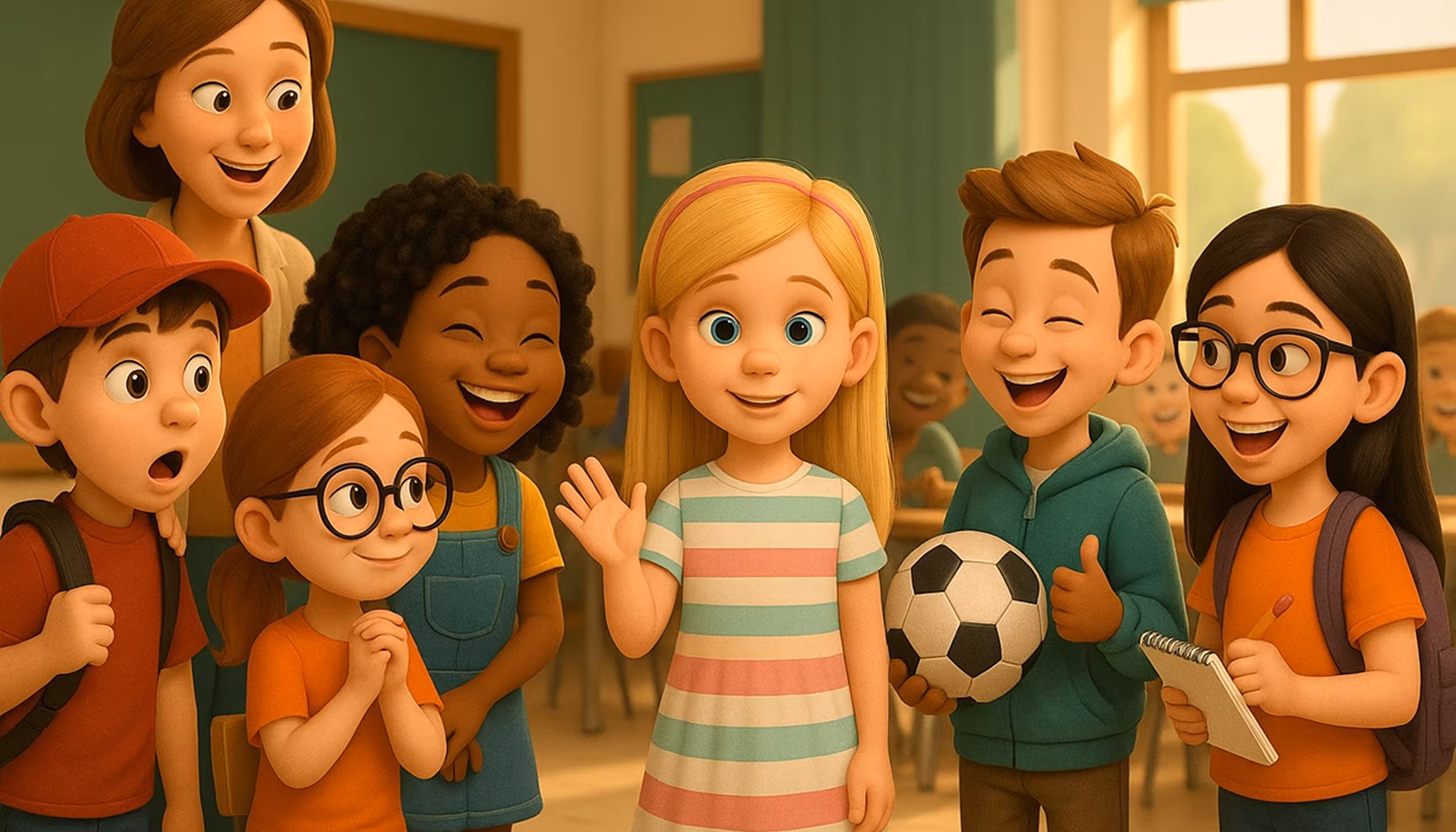"A new blonde student in a striped dress being introduced to her new class."