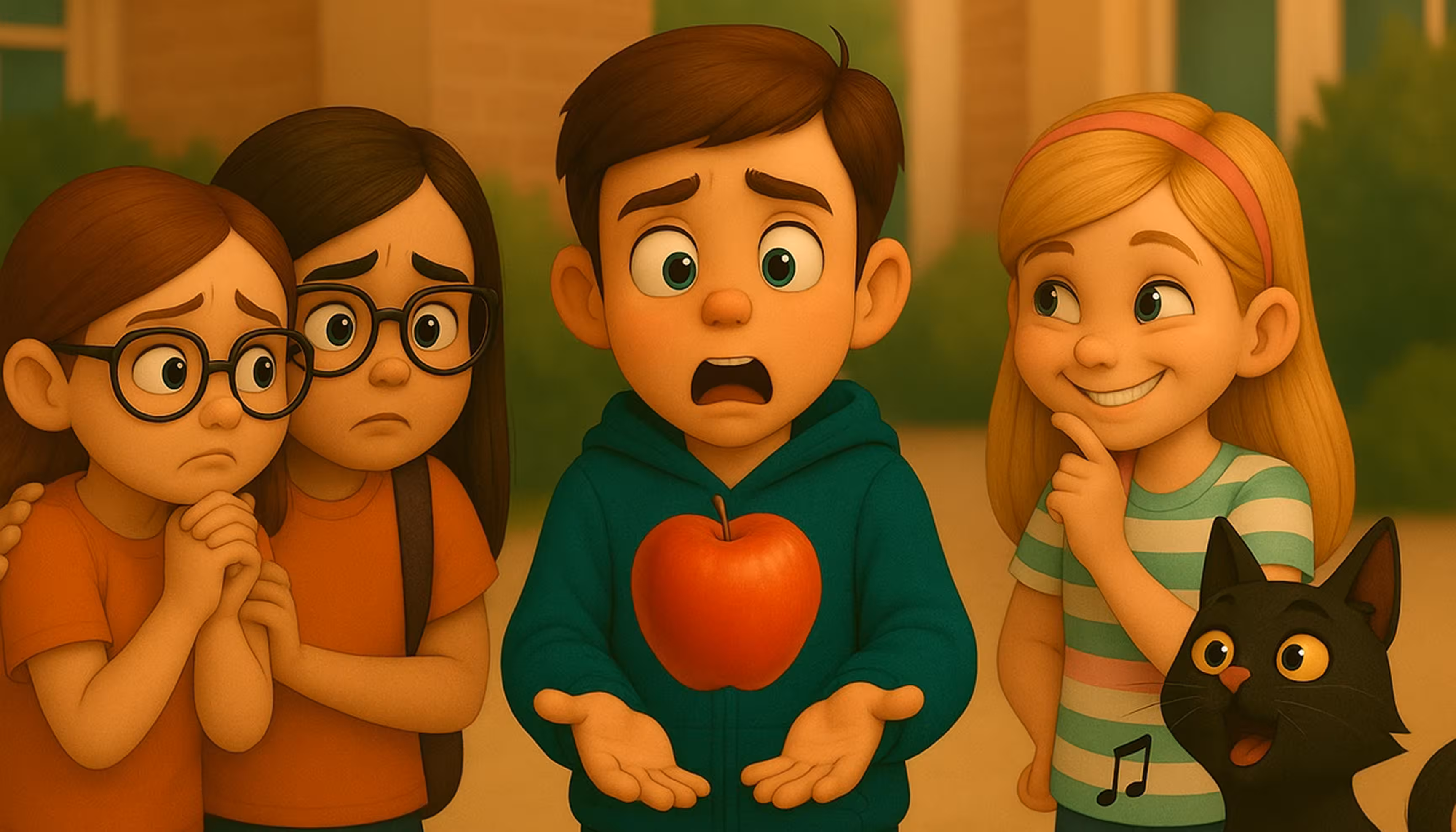 "An apple floating in the air during recess while the surprised children watch it."