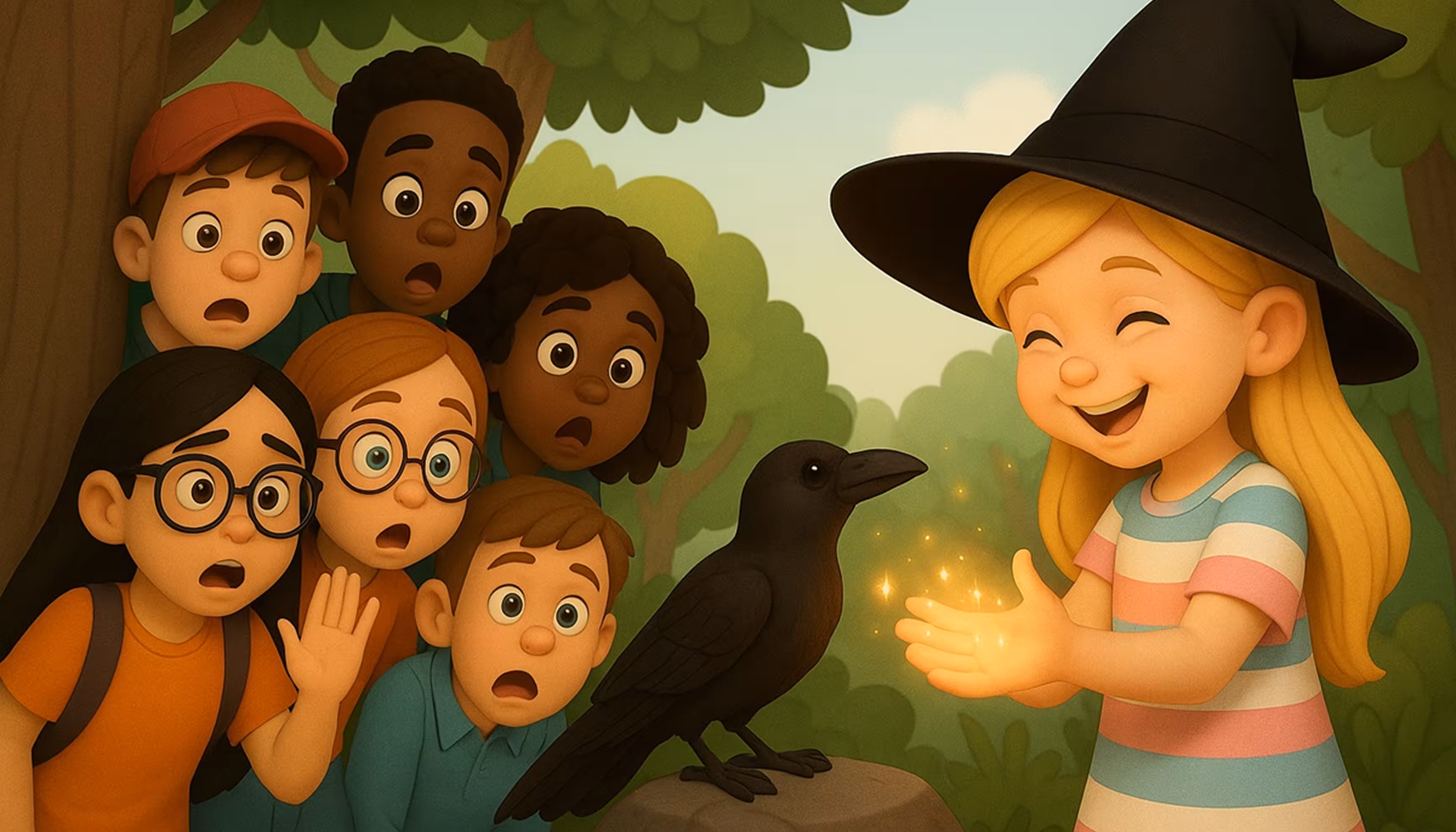 "The children secretly watching Caroline as she talks to a crow and moves a book without touching it."