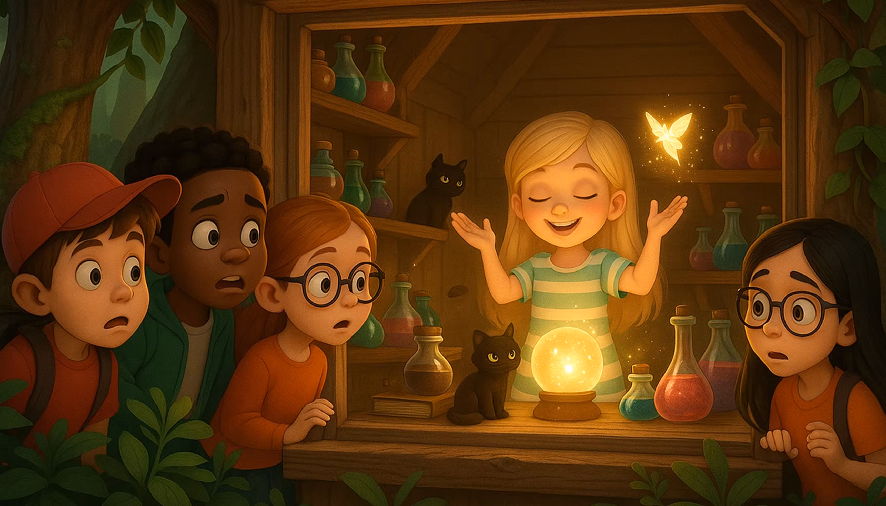 "Caroline inside a hidden forest cabin with potions, a black cat, a crystal ball and a glowing fairy."