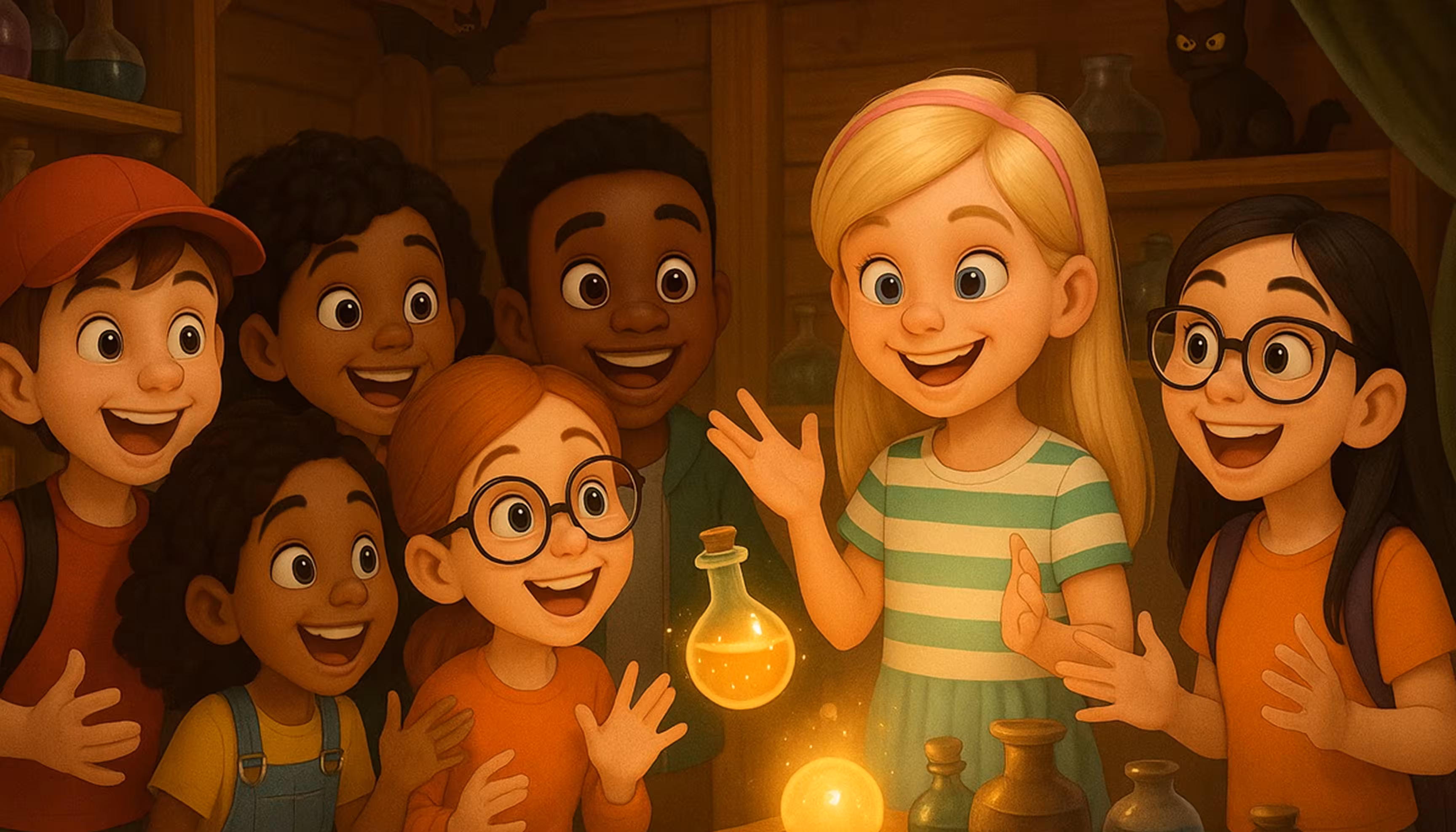 "The children standing inside the cabin, talking with Caroline the kind witch."