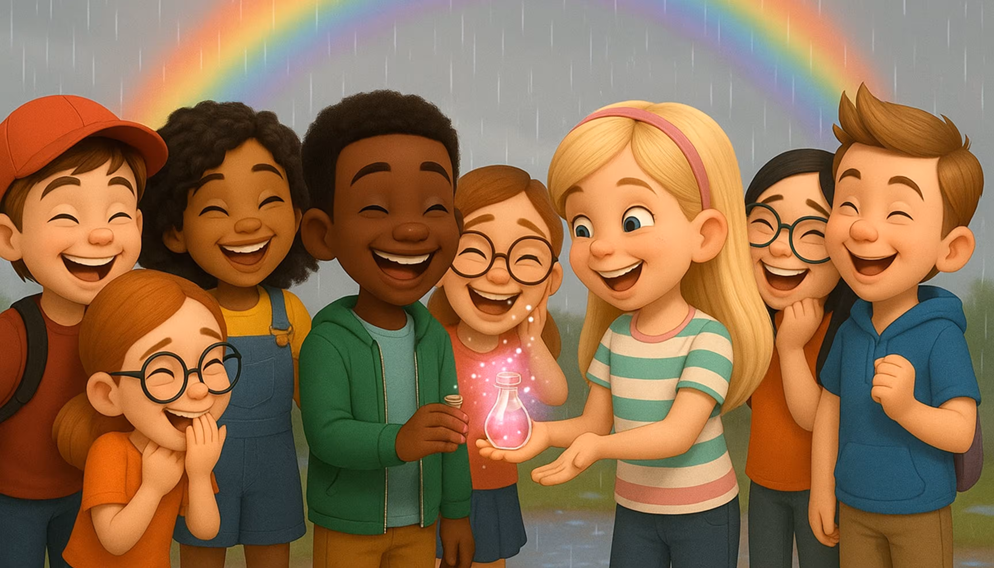 "Caroline and her six friends laughing together while a rainbow appears in the rain."