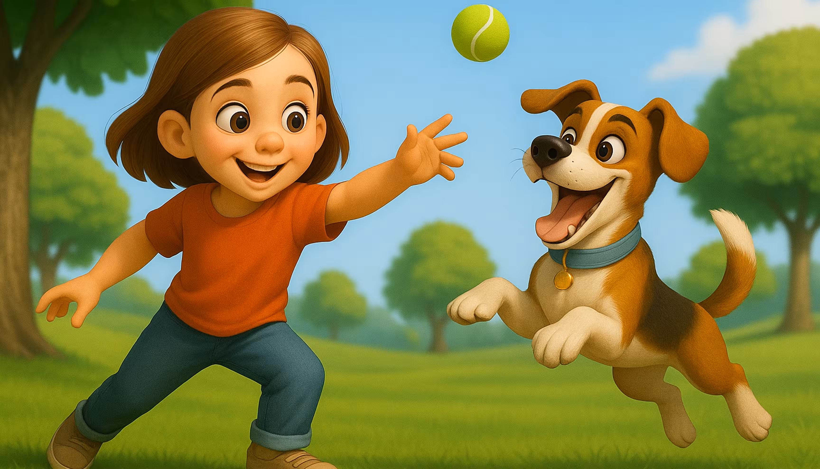 "A little girl throwing a ball to her dog in a sunny park full of trees."