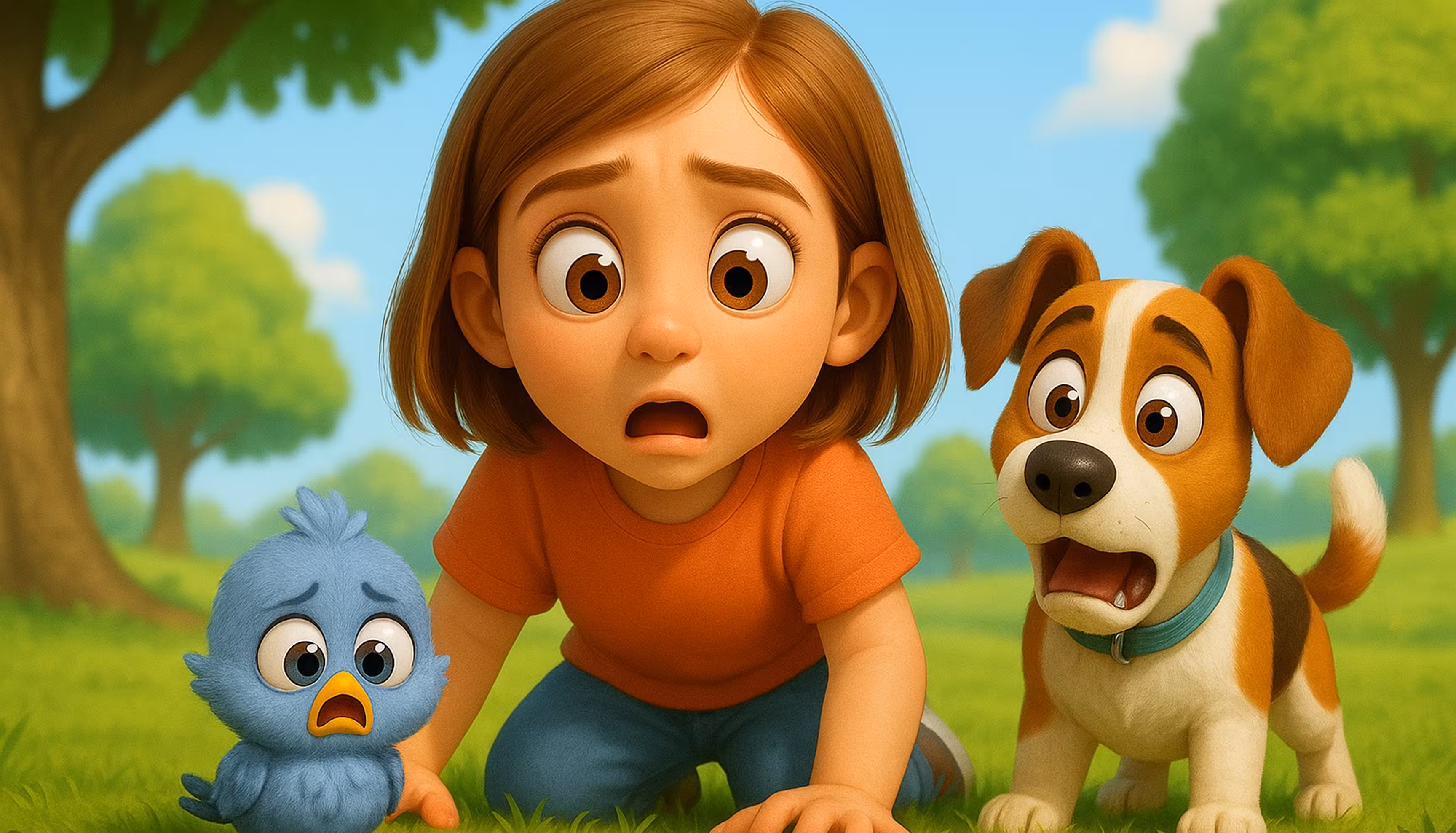 "A little girl gently holding a baby bird that fell from its nest while her dog watches."