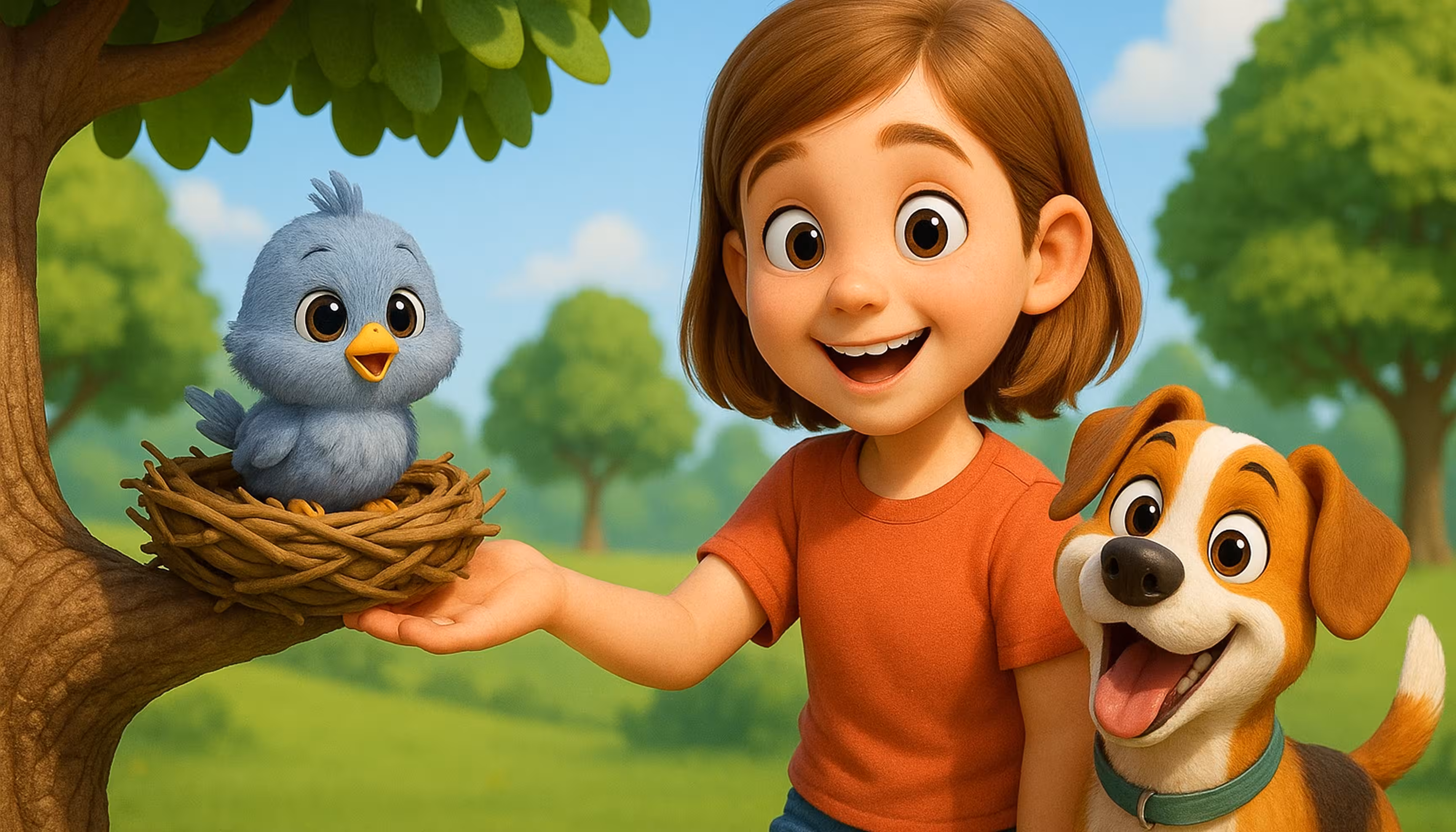 "A dog barking at a nest hidden behind a big tree while the girl climbs a small ladder to reach it."