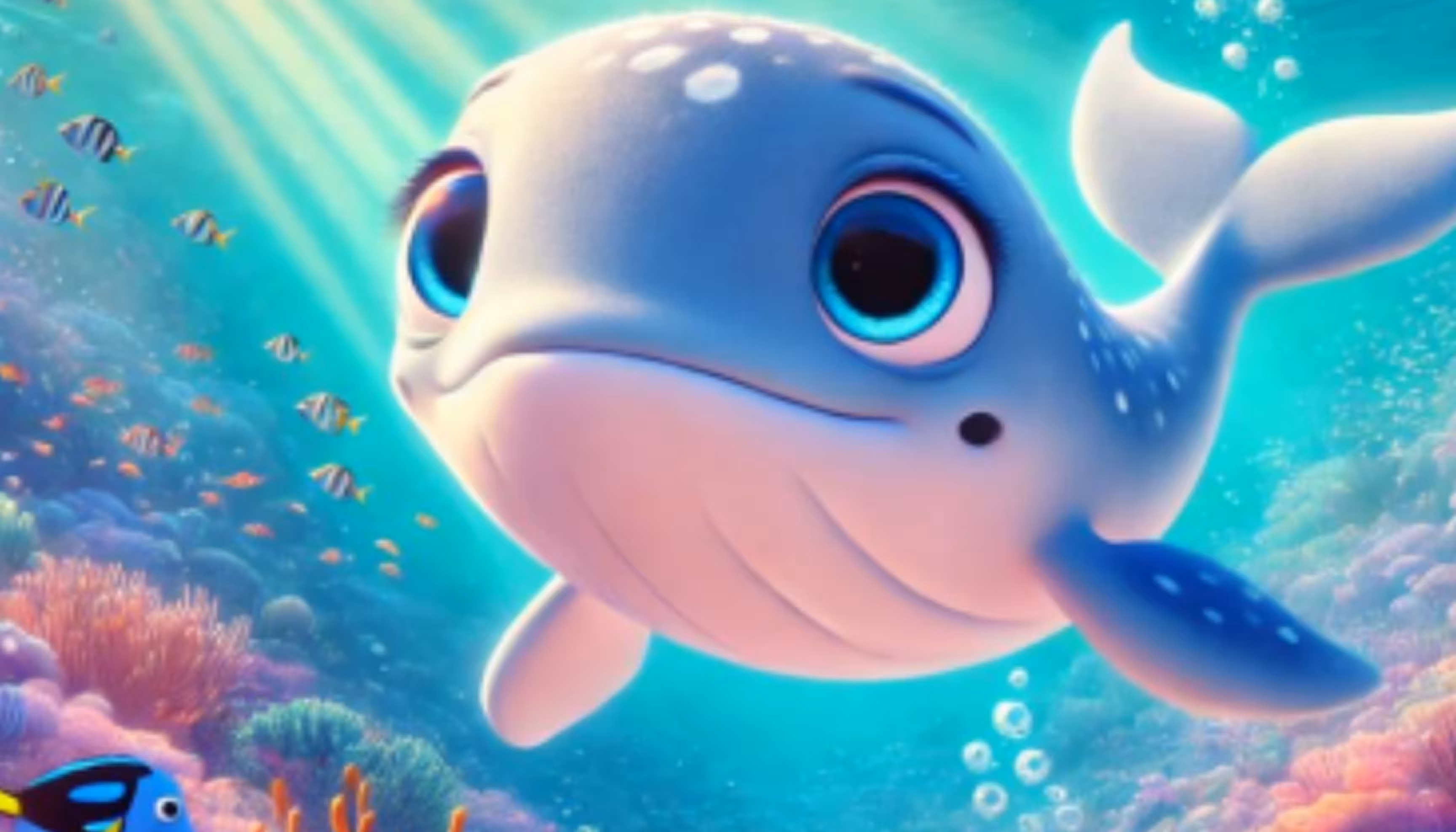 "A little dolphin, a yellow fish and a baby whale swimming together among the seaweed."