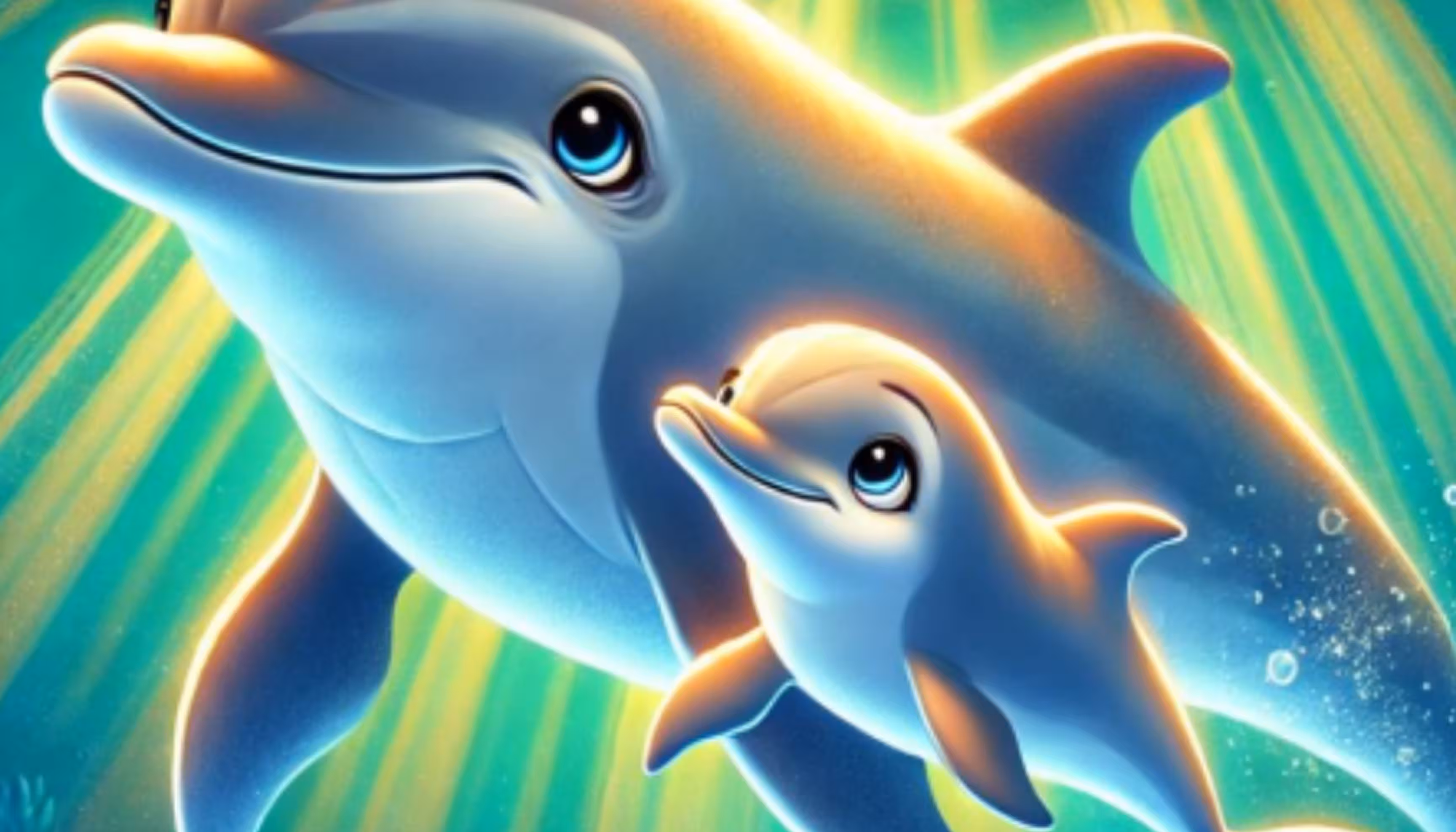"A baby dolphin and his mother under the sea."