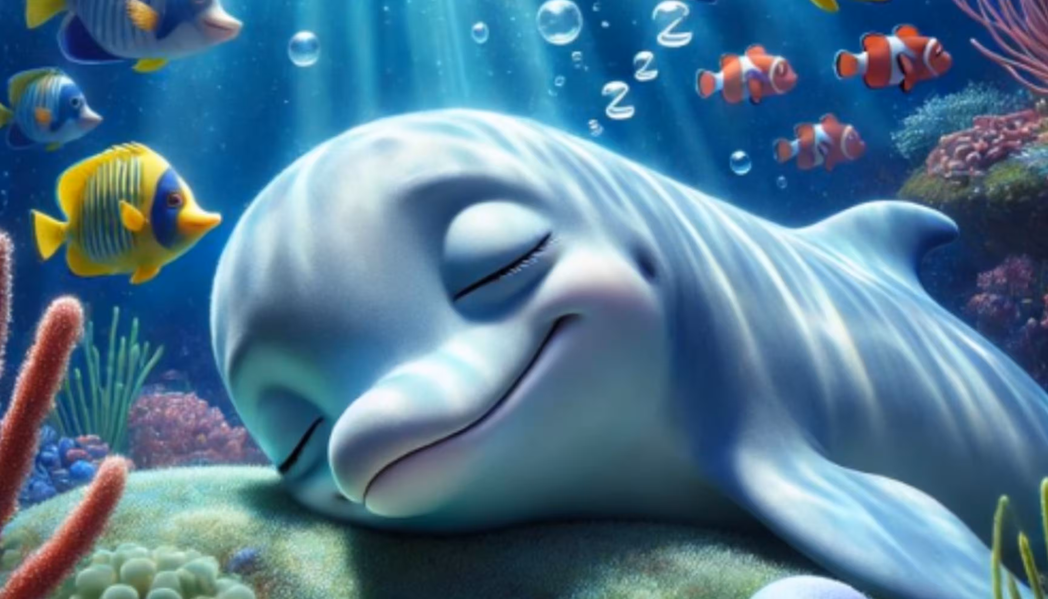 "A sleeping baby dolphin dreaming of playing and making bubbles with his fish friend."