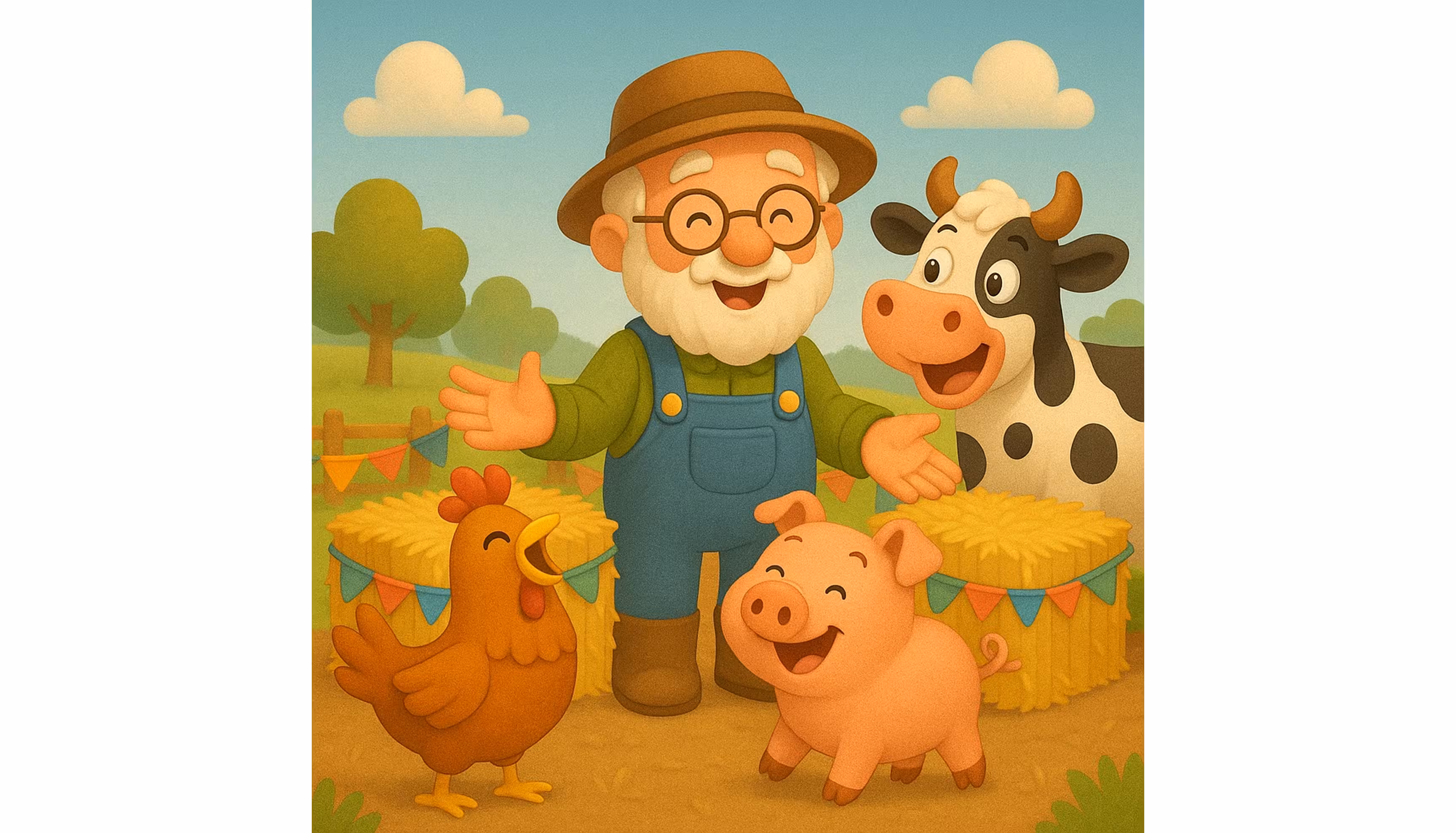 "A farmer announcing the very first animal festival to his excited hen, pig and cow."