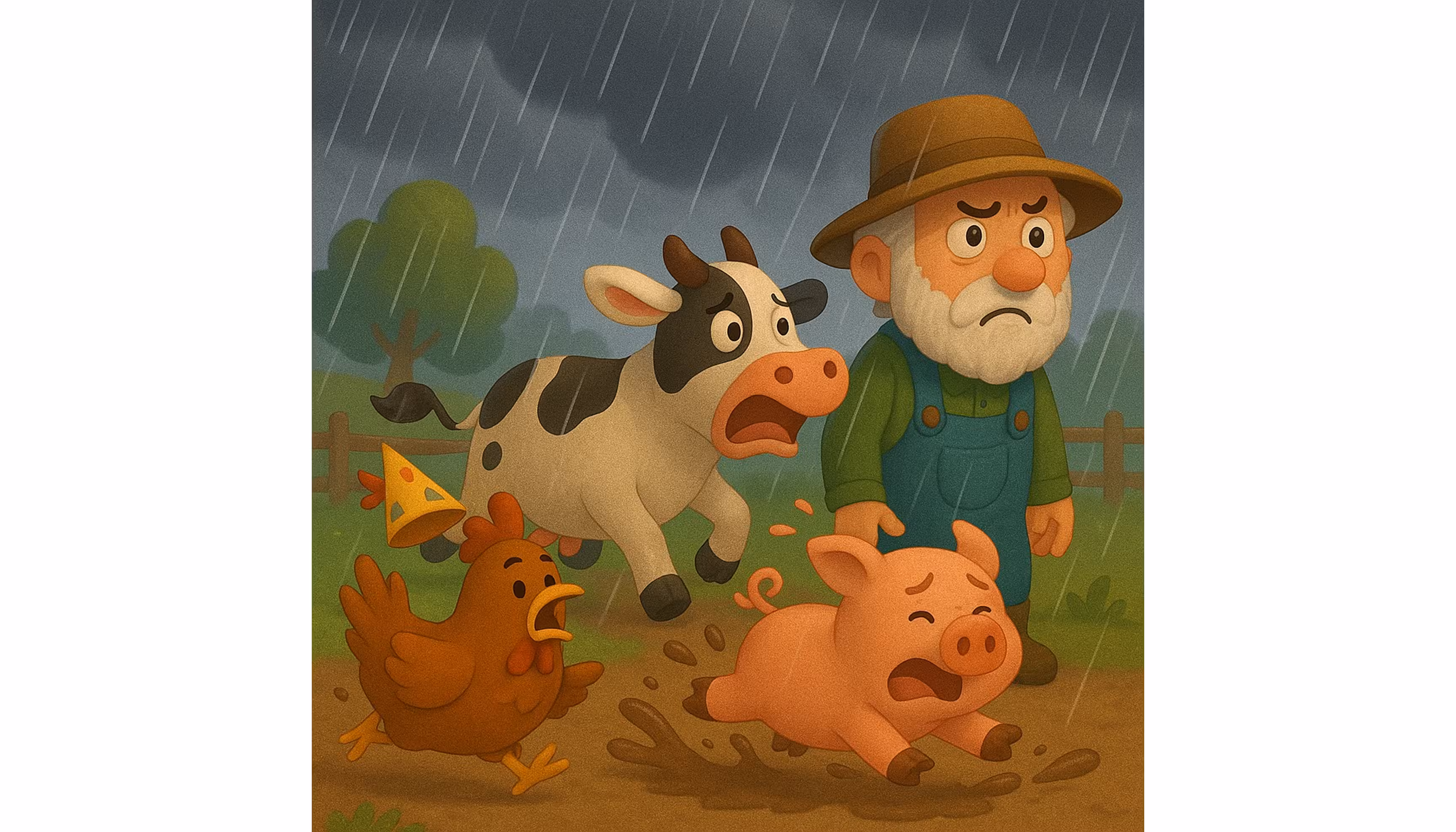 "A storm breaking over the farm while the animals rush into the barn through the mud."
