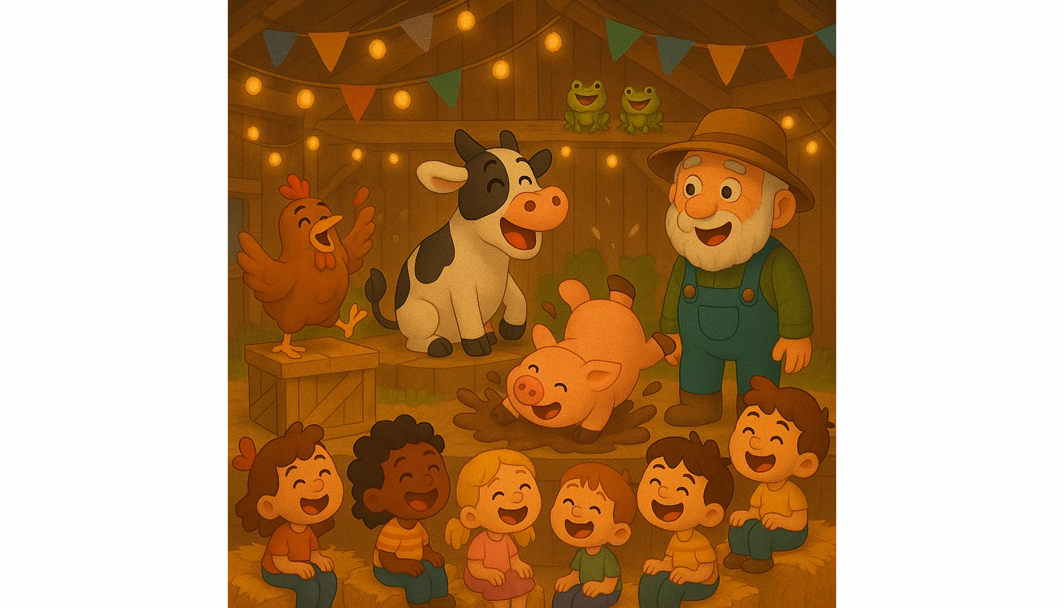"The animals performing on a stage of straw bales inside the decorated barn while village children watch."