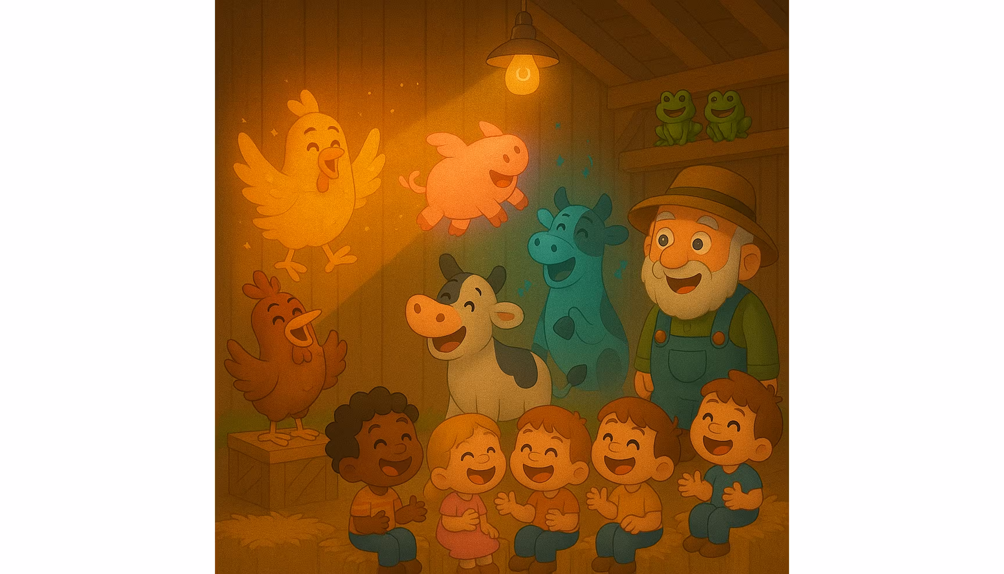 "Colorful magical animal shadows dancing on the barn wall like a rainbow."