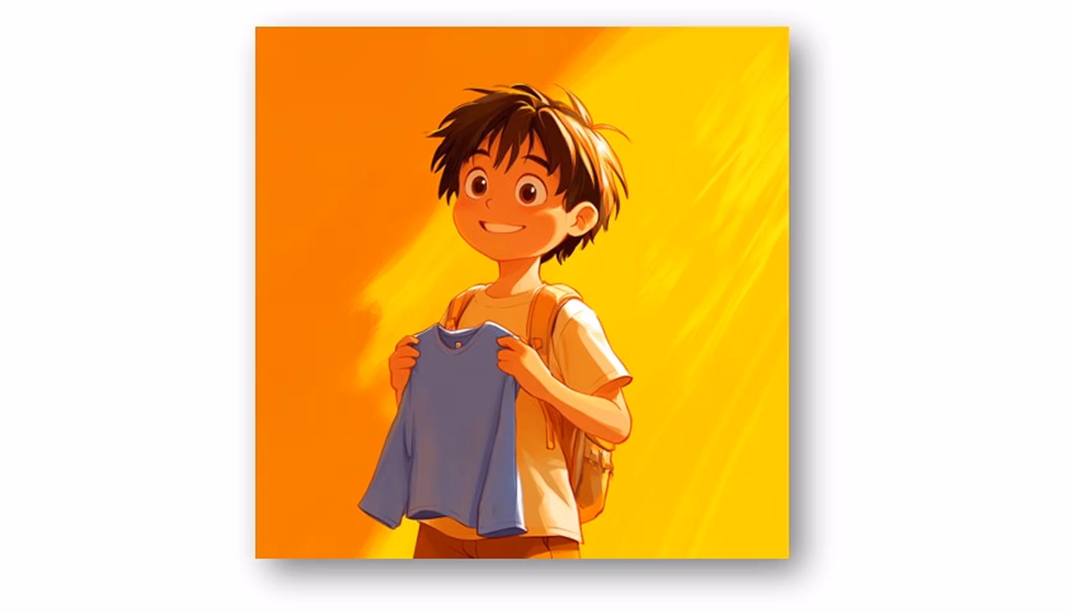 "A talking blue t-shirt welcoming a boy to a magical land where the clothes speak."
