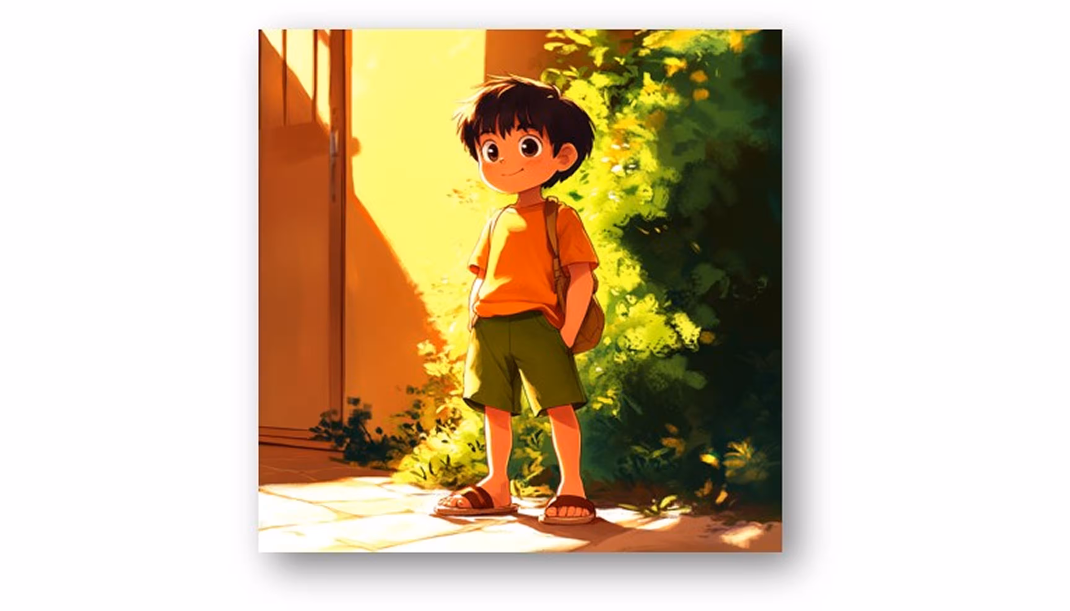 "A boy in green shorts, an orange t-shirt and sandals falling into a fountain on a hot summer day."