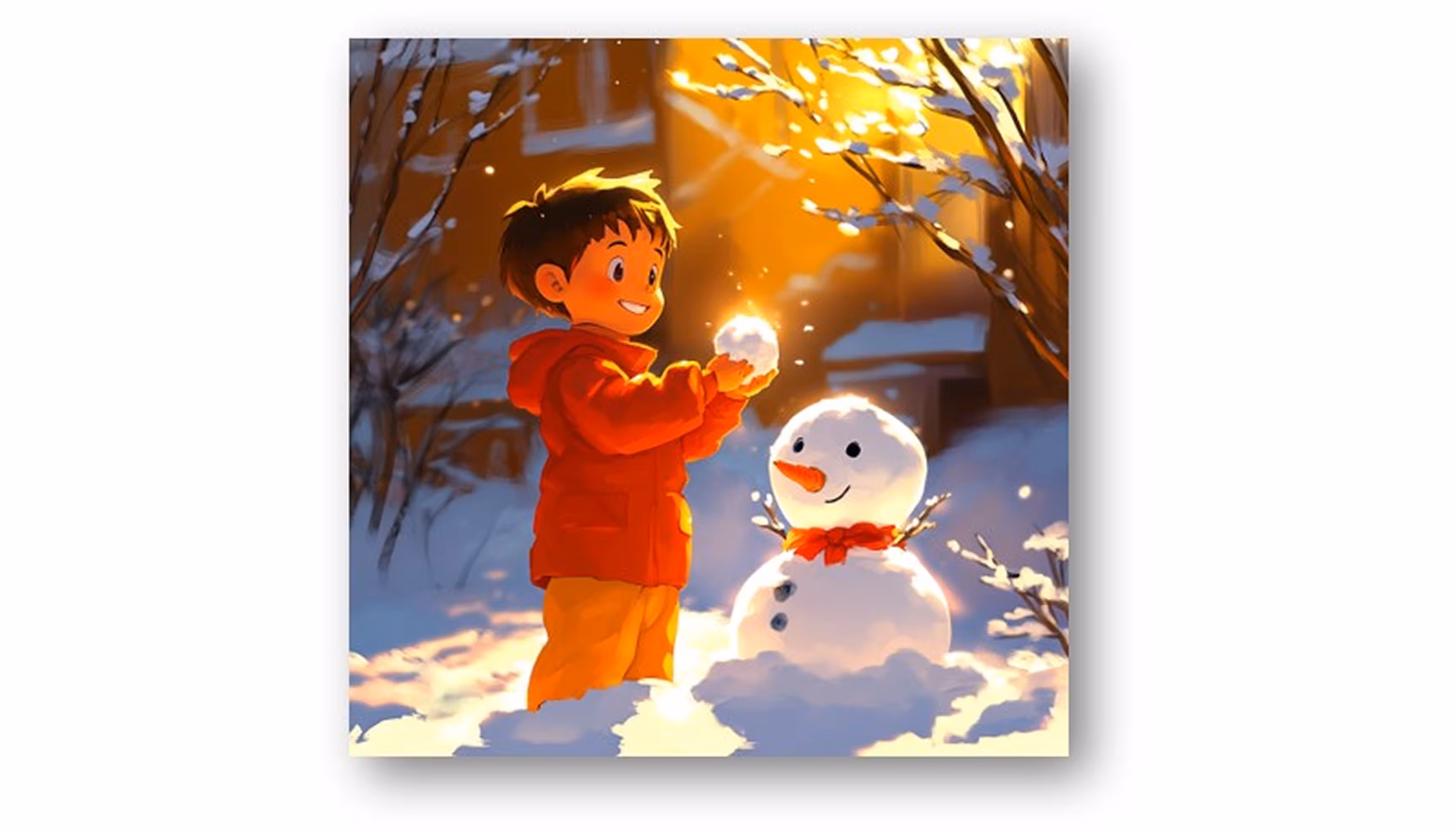 "A little boy building a snowman"