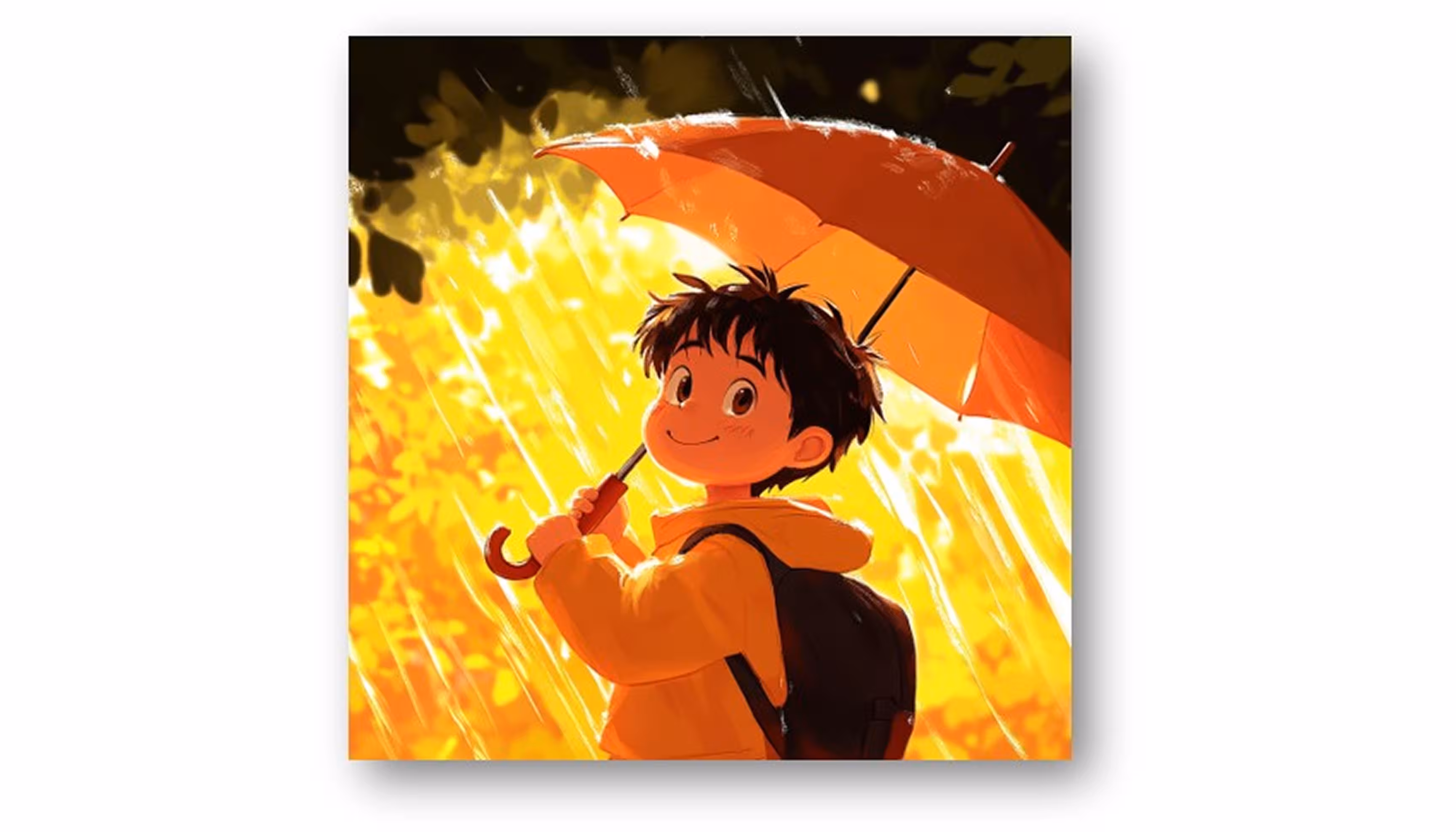 "A boy in a coat and boots jumping in puddles with an umbrella in the autumn rain."