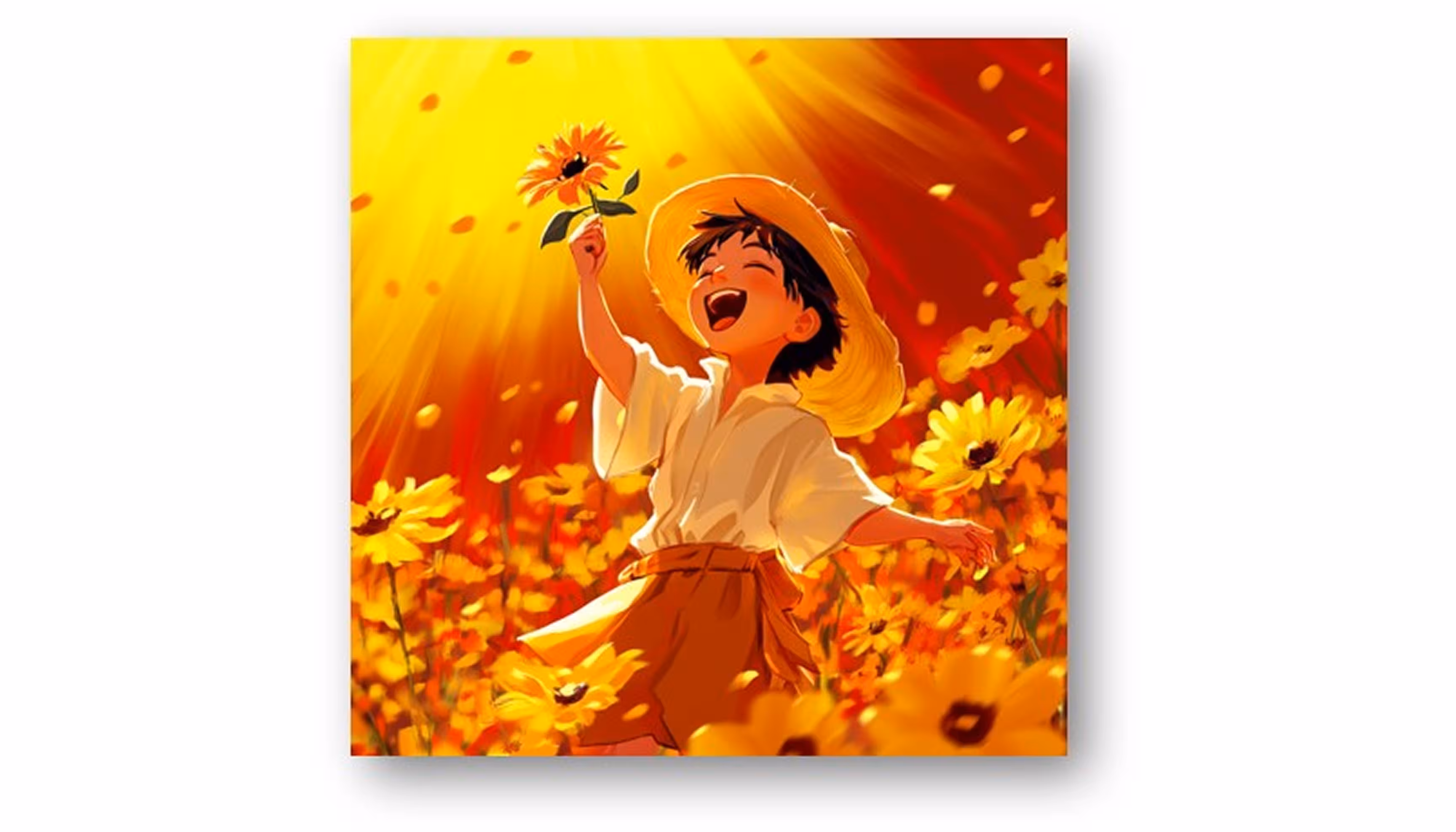 "A happy little boy on a sunny day, holding a sunflower."