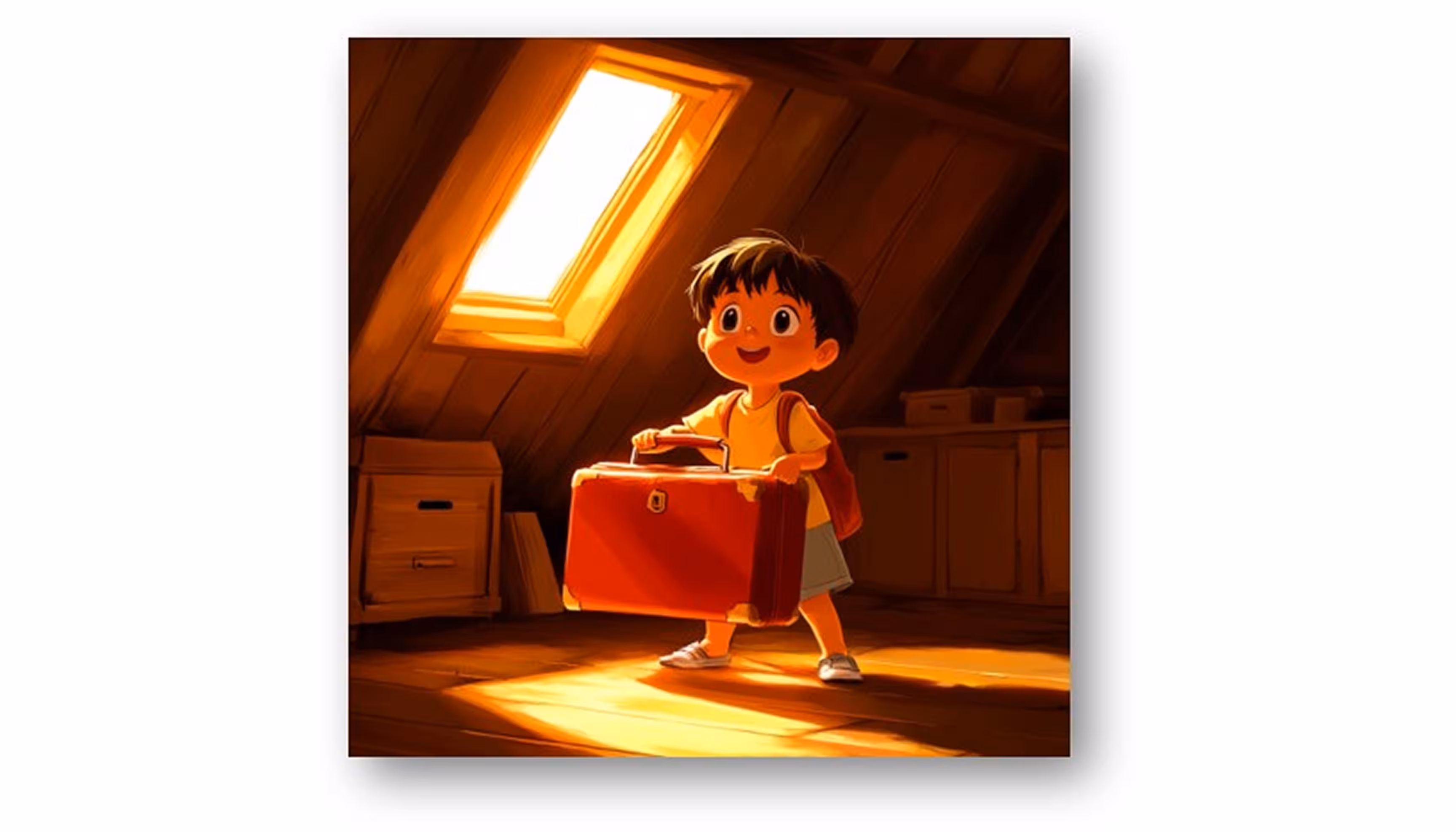 "A boy back in the attic next to the red magic suitcase, smiling after his adventure."