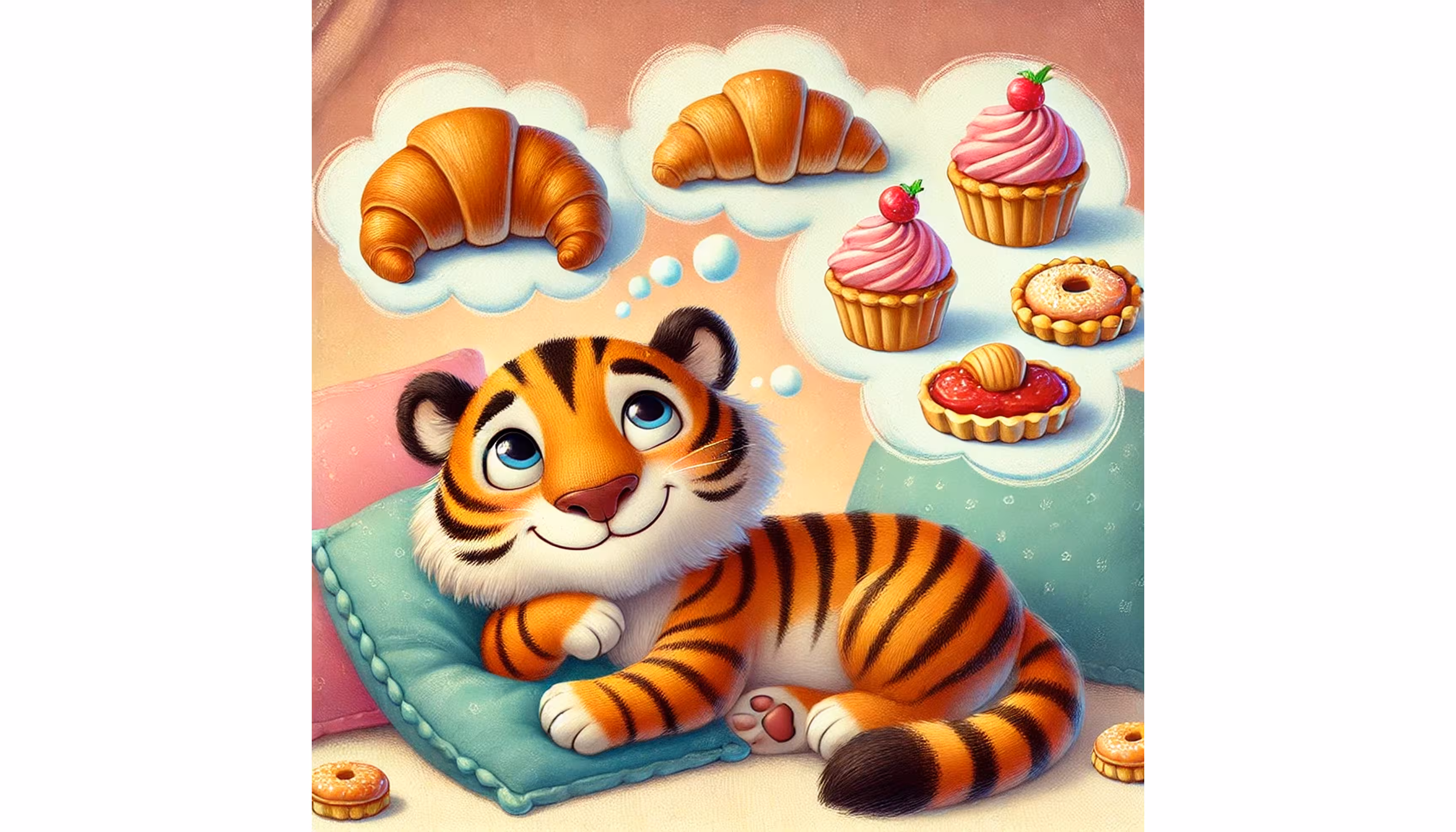 "A tiger sitting in a tropical forest and dreaming of pastries."