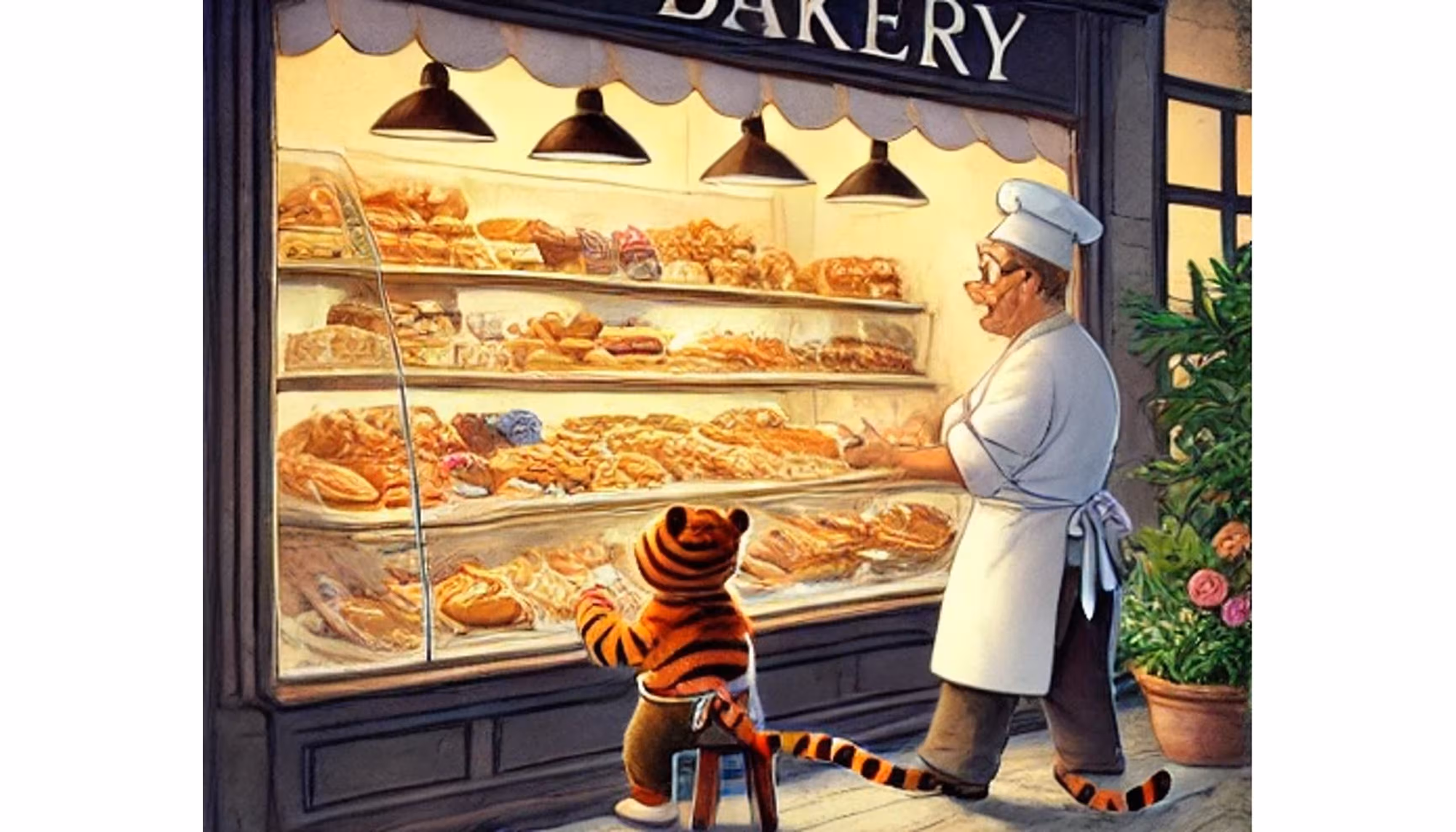"A tiger walking through the city and looking through a pastry shop window at tarts and éclairs."