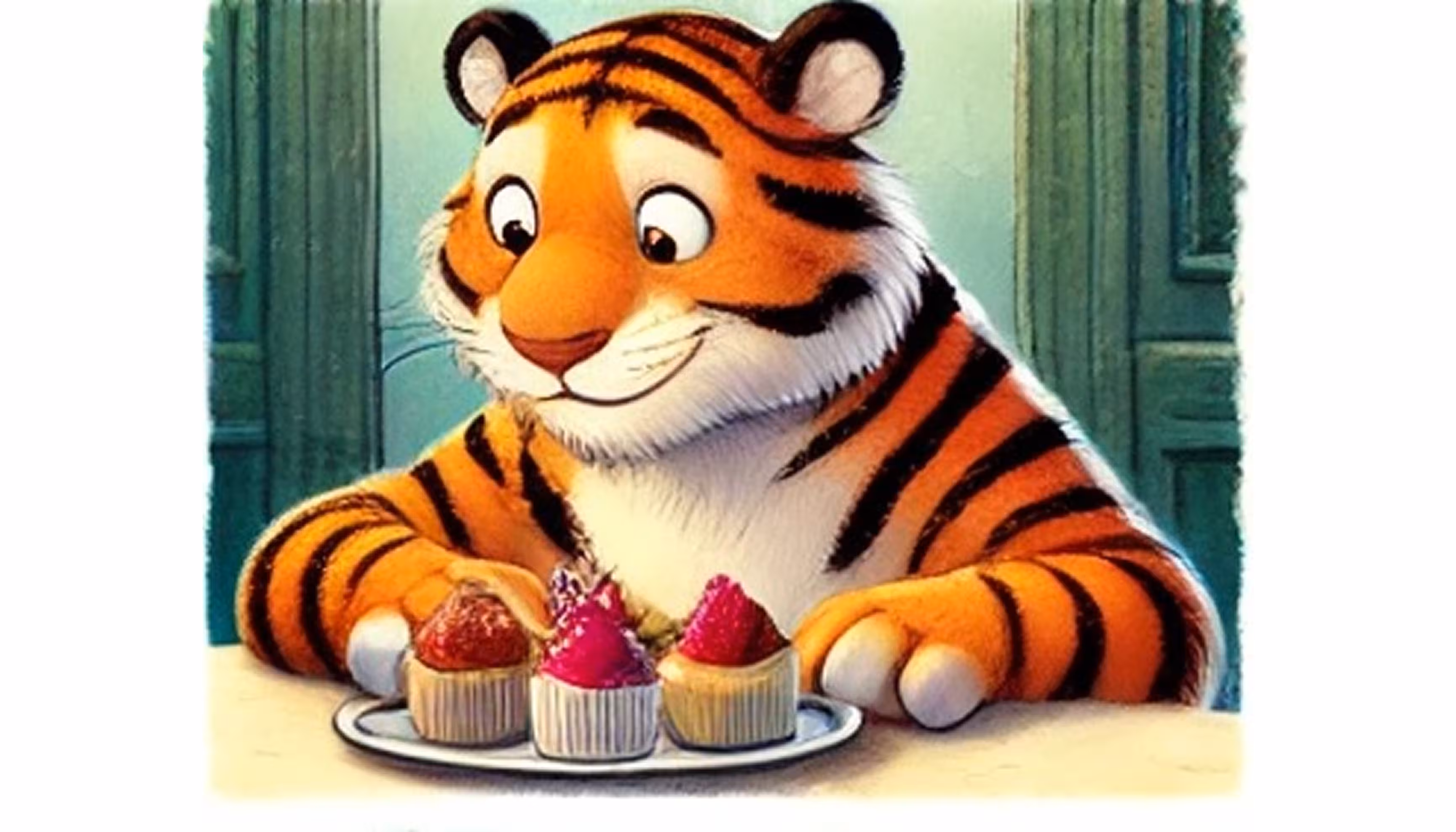 "A tiger entering a pastry shop as the bell rings and the surprised baker looks at him."