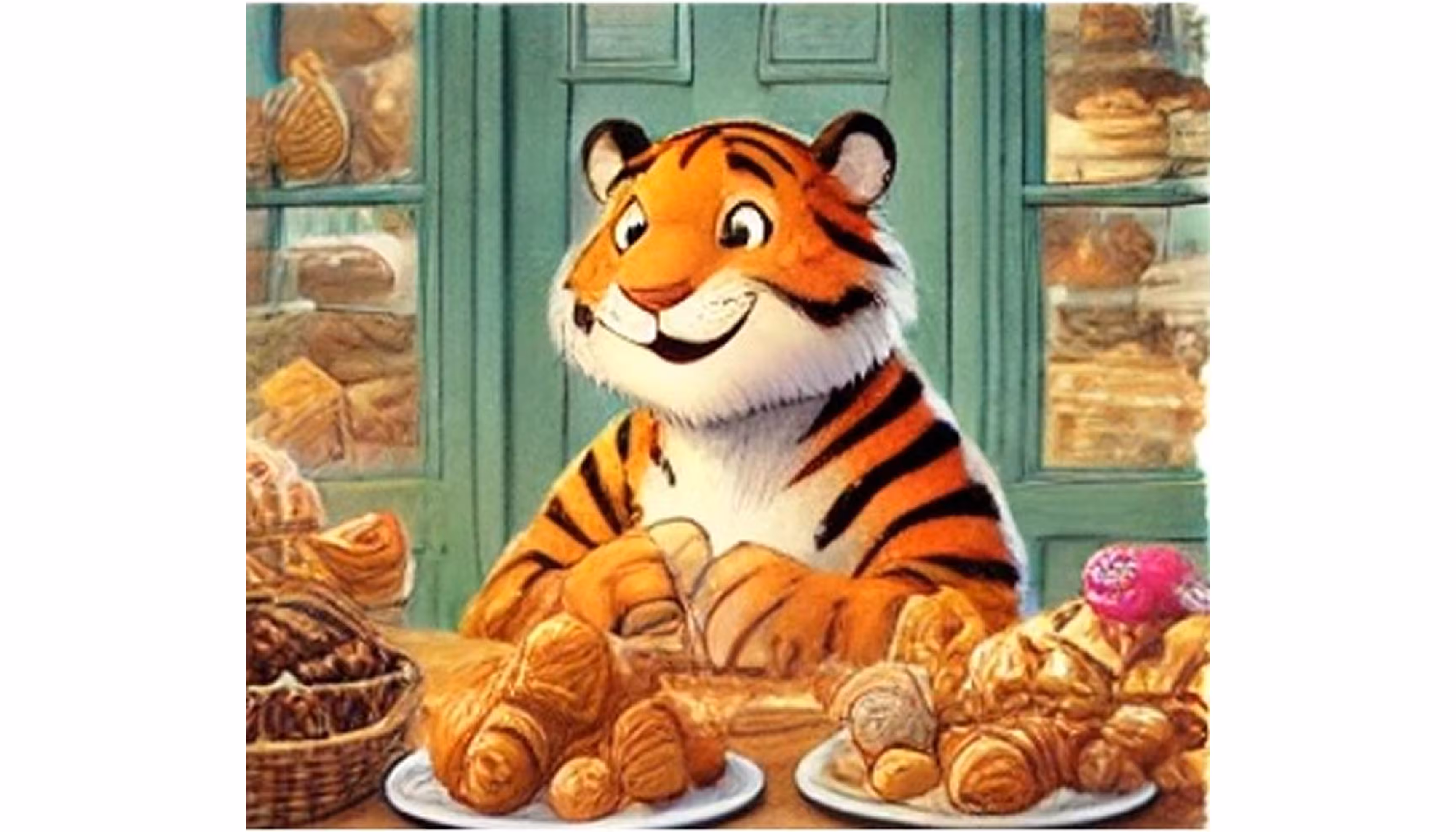 "A tiger sitting on a small stool tasting a big plate of pastries on the counter."