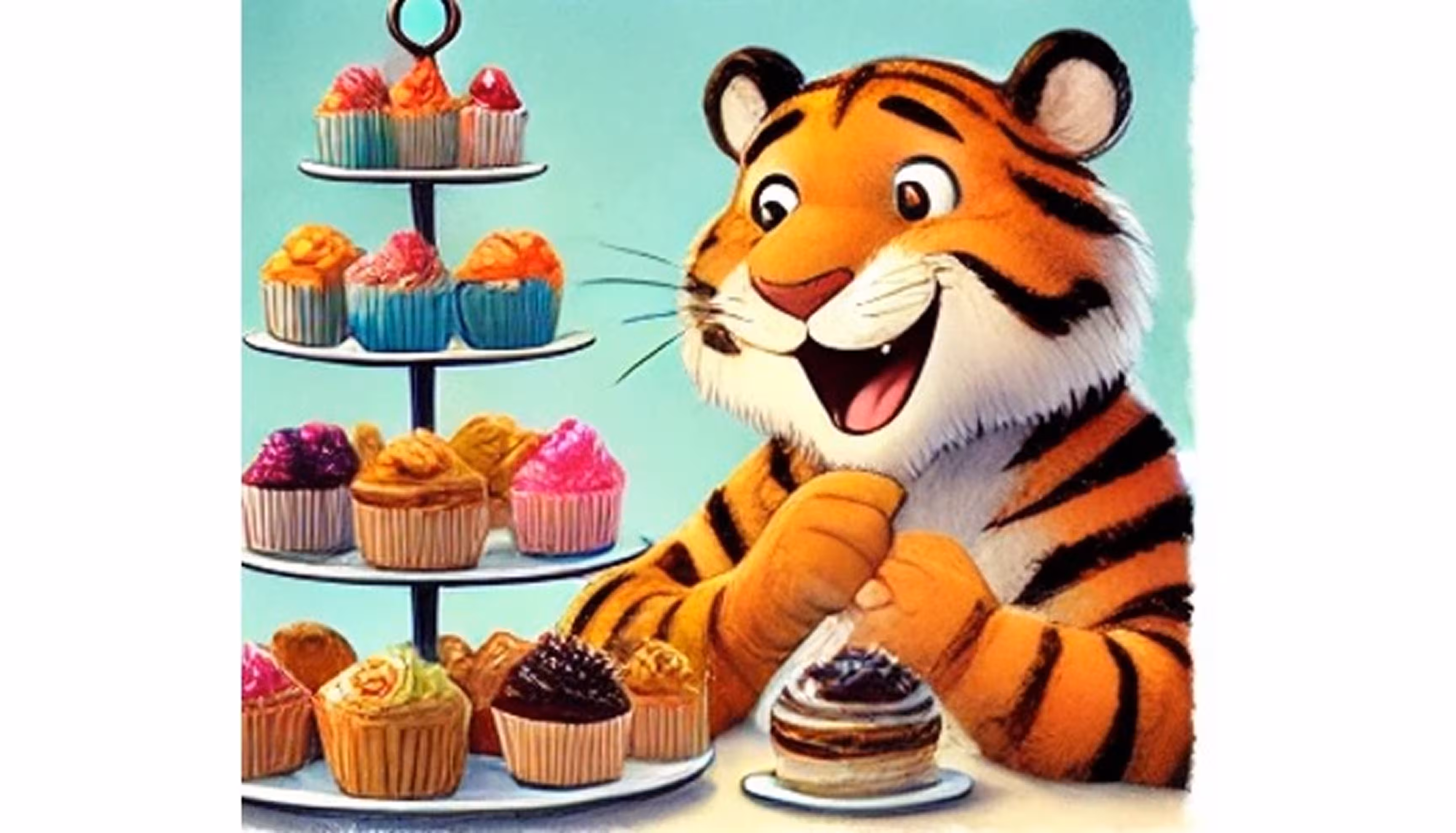 "A tiger closing his eyes with delight over a cake while the baker laughs."