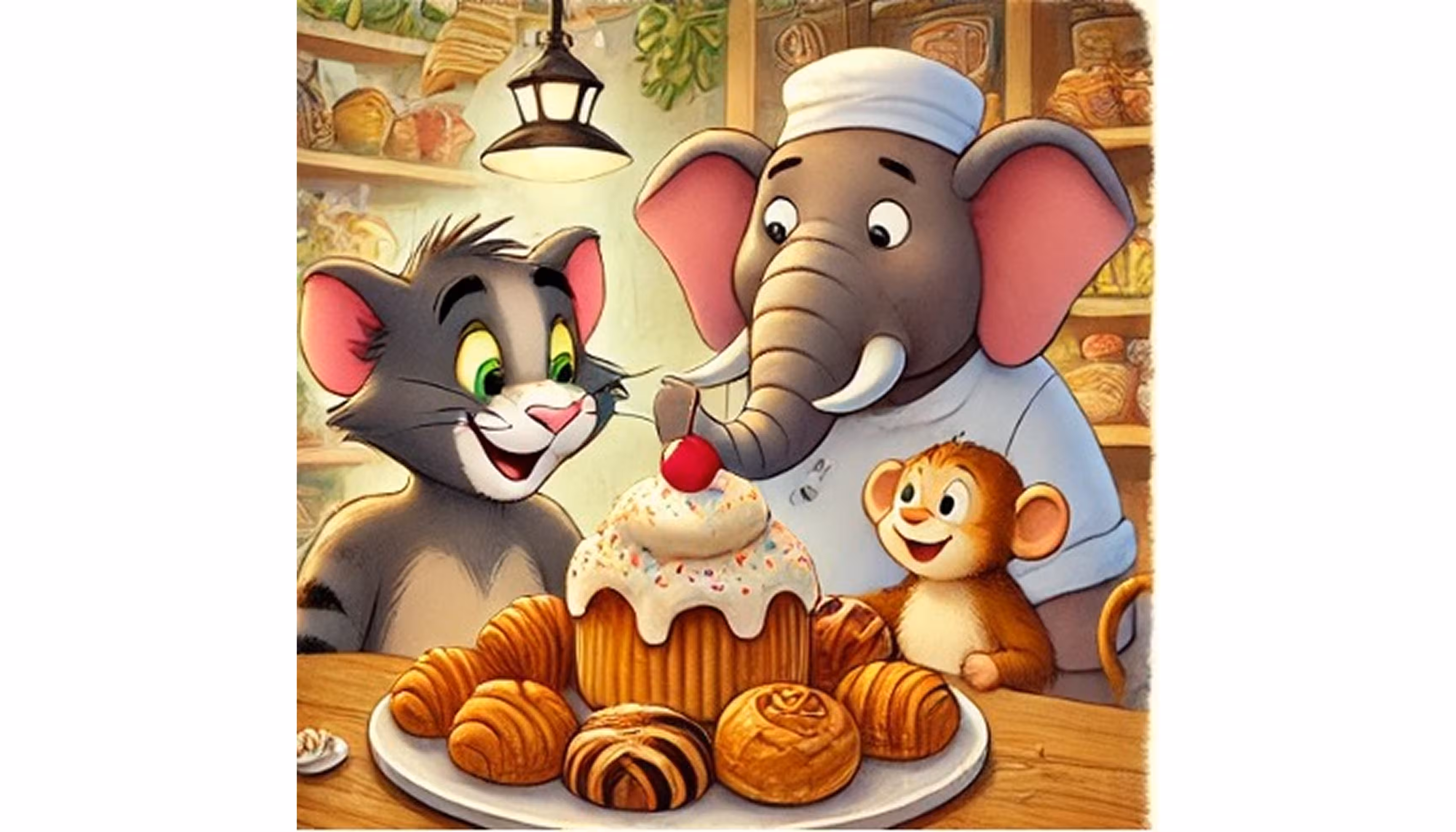 "A tiger returning to the pastry shop with an elephant, a monkey, a cat and a parrot."