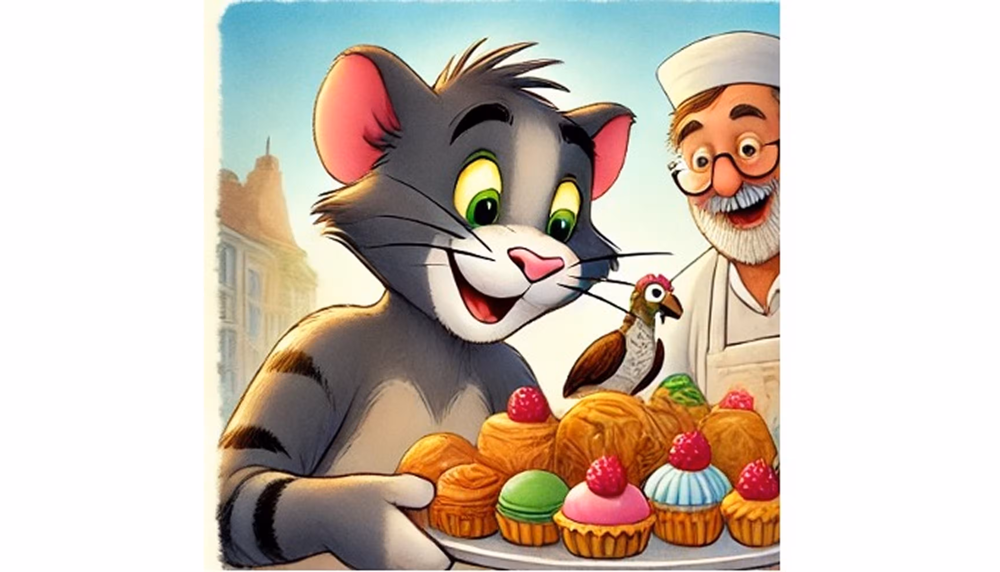"A tiger learning to bake cakes with the baker while the animals enjoy the pastry shop."