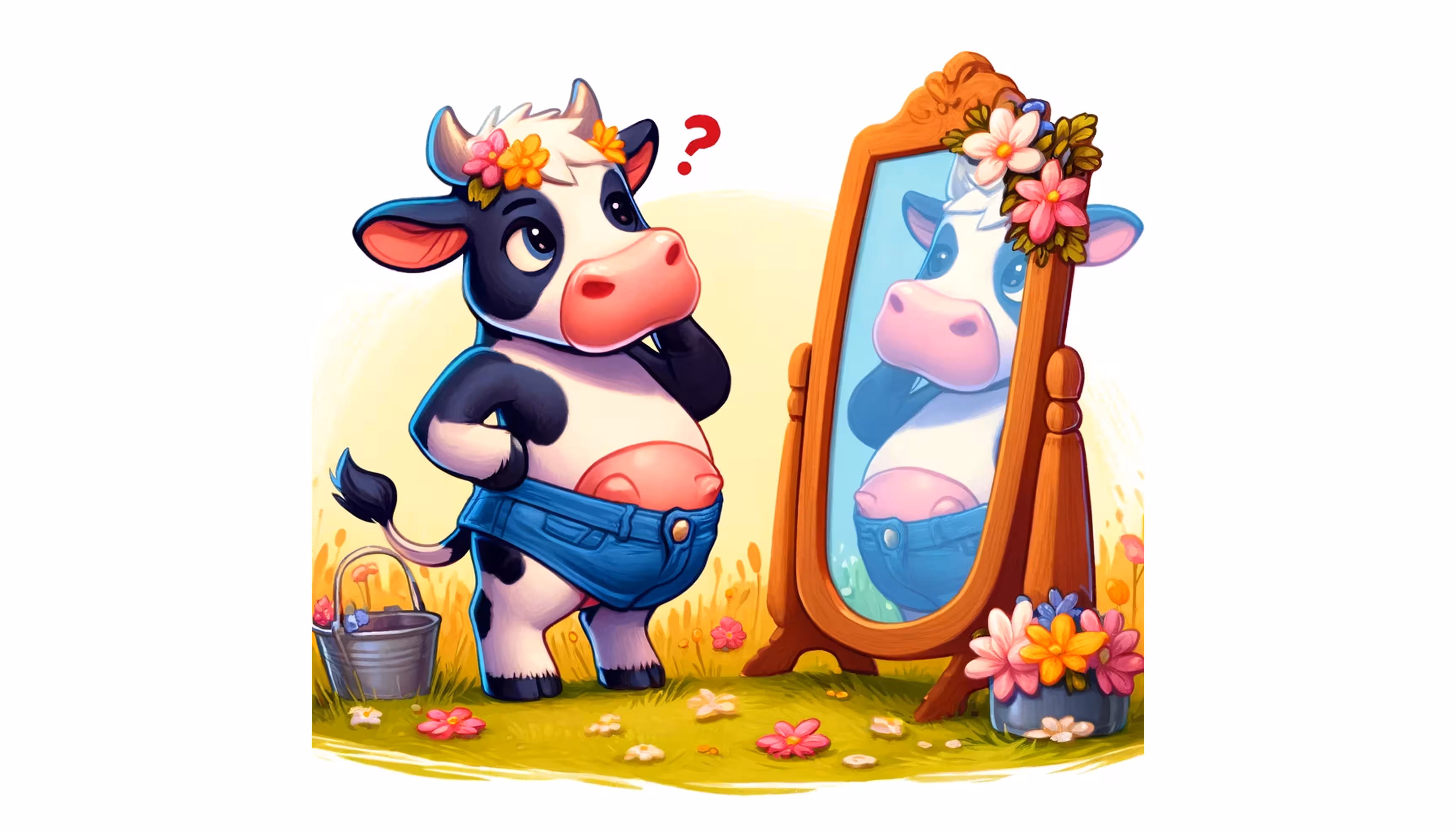 "A cow looking at herself in an old mirror in a flowery meadow and sighing about her outfit."