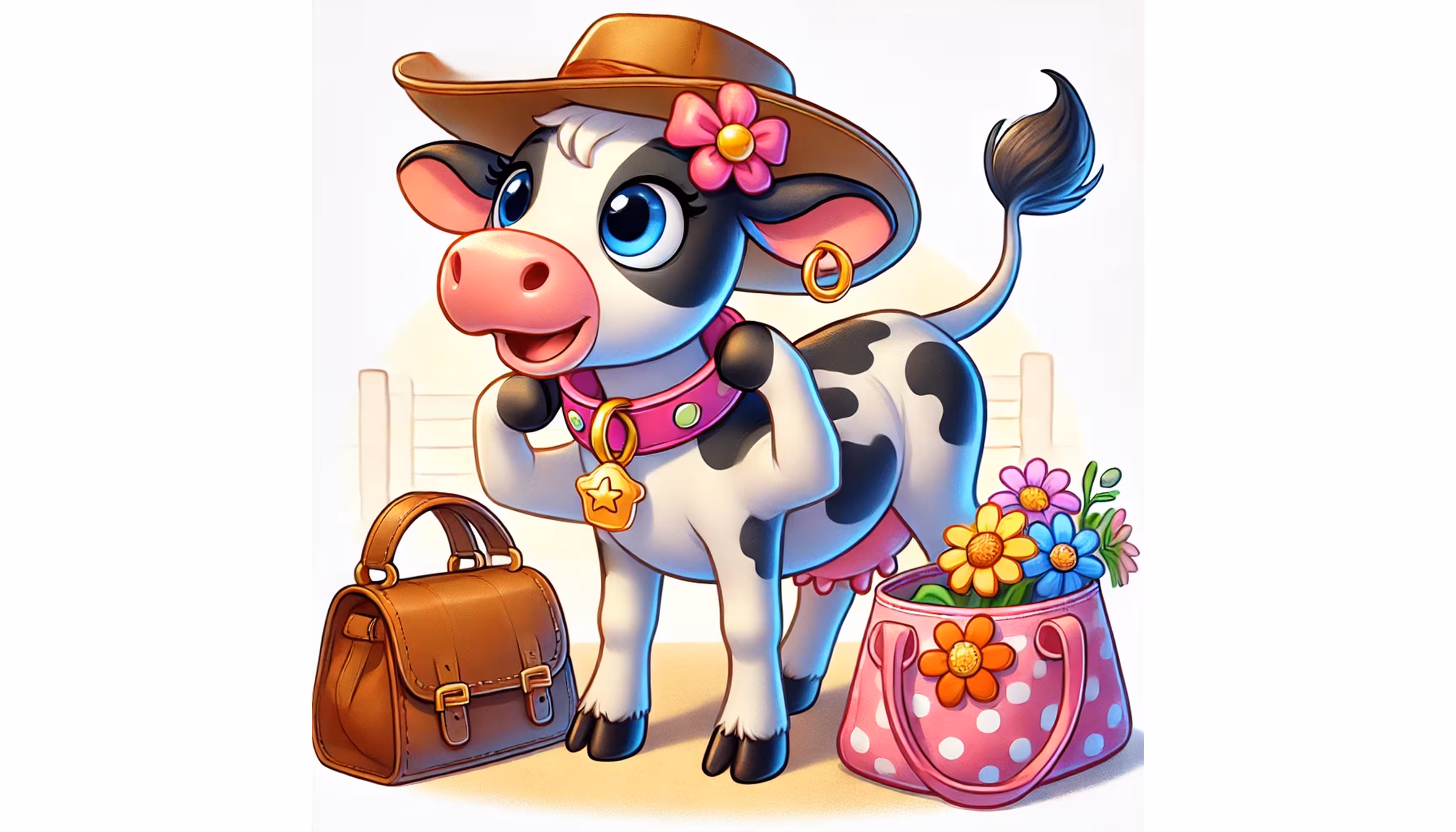 "A fashionable cow with a shiny necklace, a golden bell and a flowery bag meeting her curious goat friend."